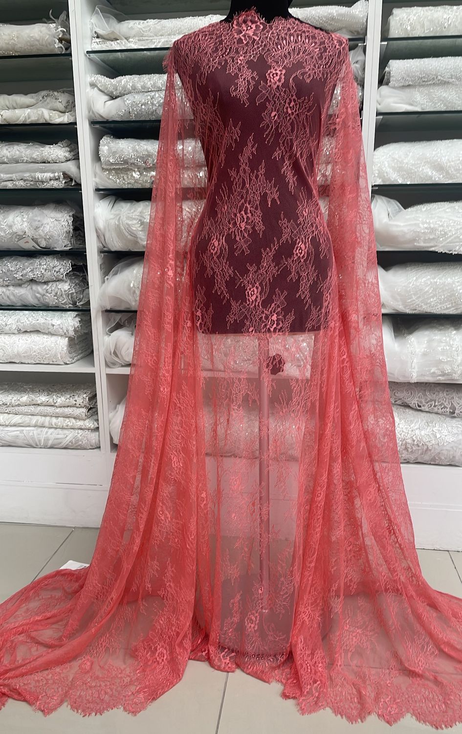 Dress Fabric Chantilly Lace Design-per m-140-14-Coral