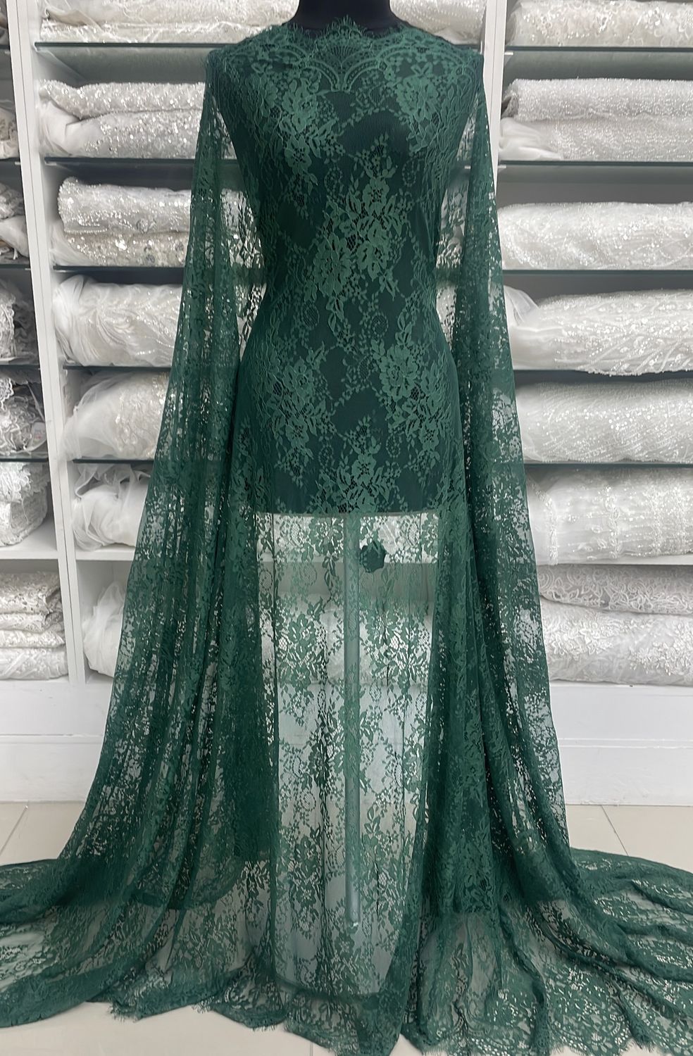 Dress Fabric Chantilly Lace Design-per m-140-05-Bottle Green