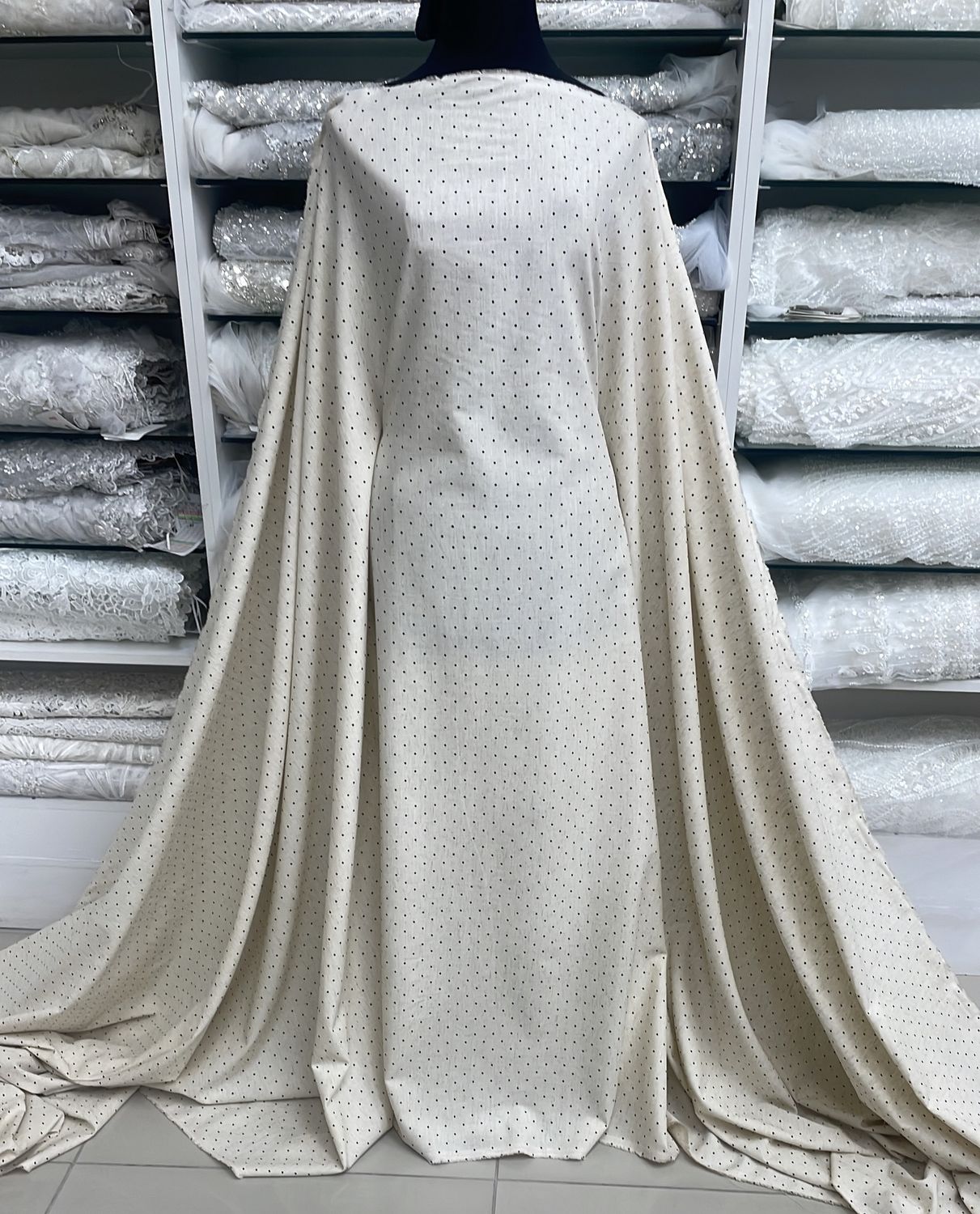 Dress Fabric Linen55%Cotton45%Blend Small Polka-per m-137-04-Beige Black