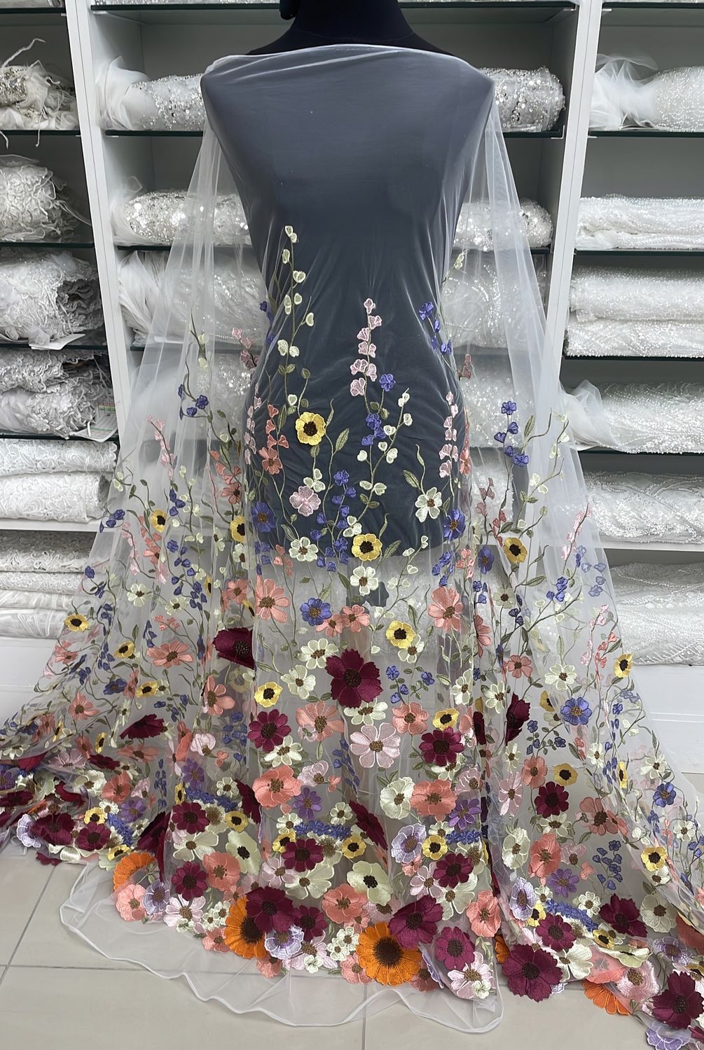 Dress Fabric Tulle Embroidery-per m-150-01-White