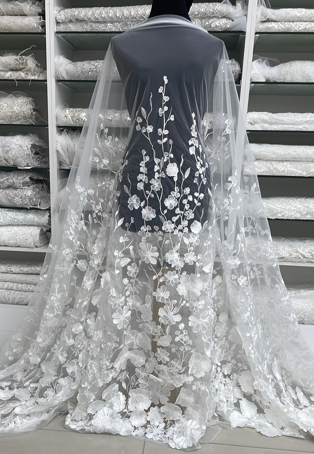 Wedding Dress Fabric Tulle Embroidery-per m-150-02-Ivory