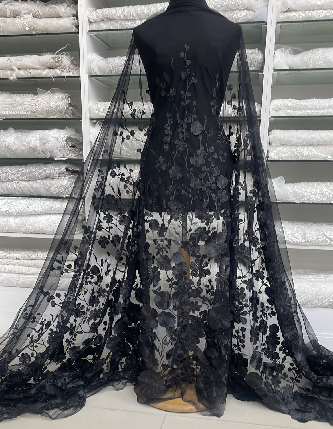 Dress Fabric Tulle Embroidery-per m-150-06-Black