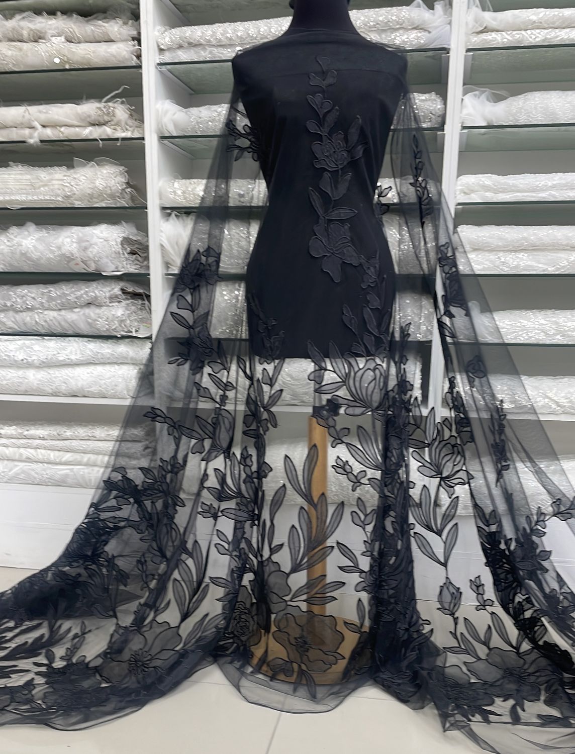 Dress Fabric Tulle Embroidery-per m-150-99-Black
