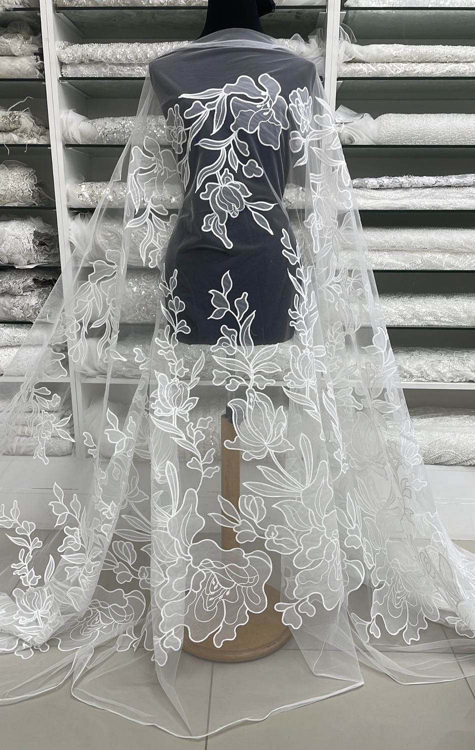 Wedding Dress Fabric Tulle Embroidery-per m-150-02-Off White