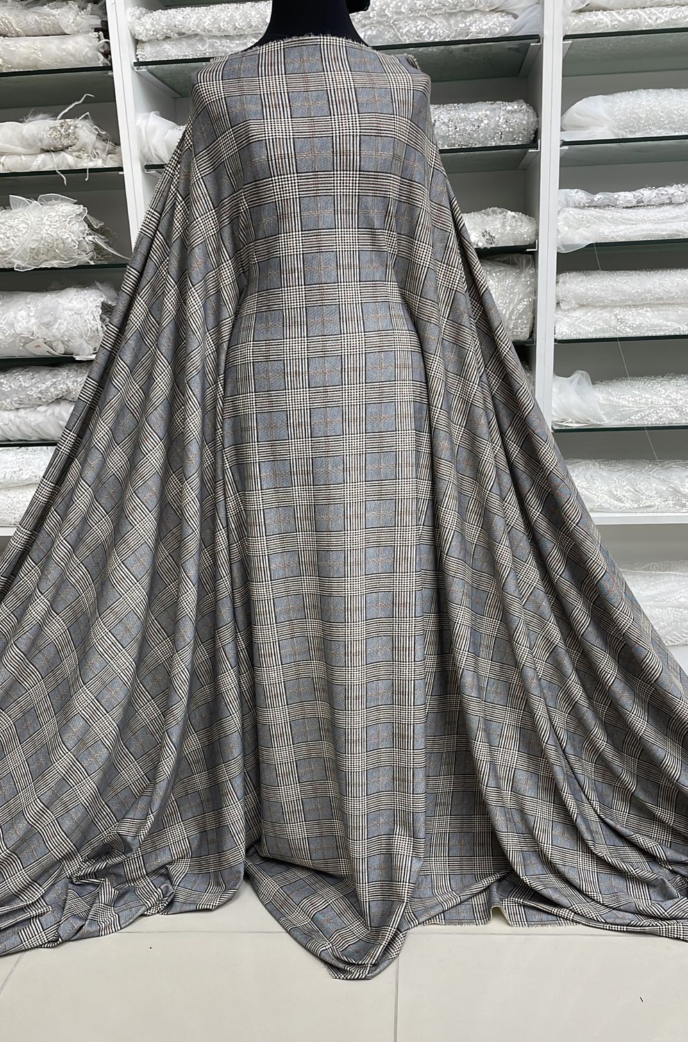 Knit Printed Check Ponte-per m-150-08-Grey Brown