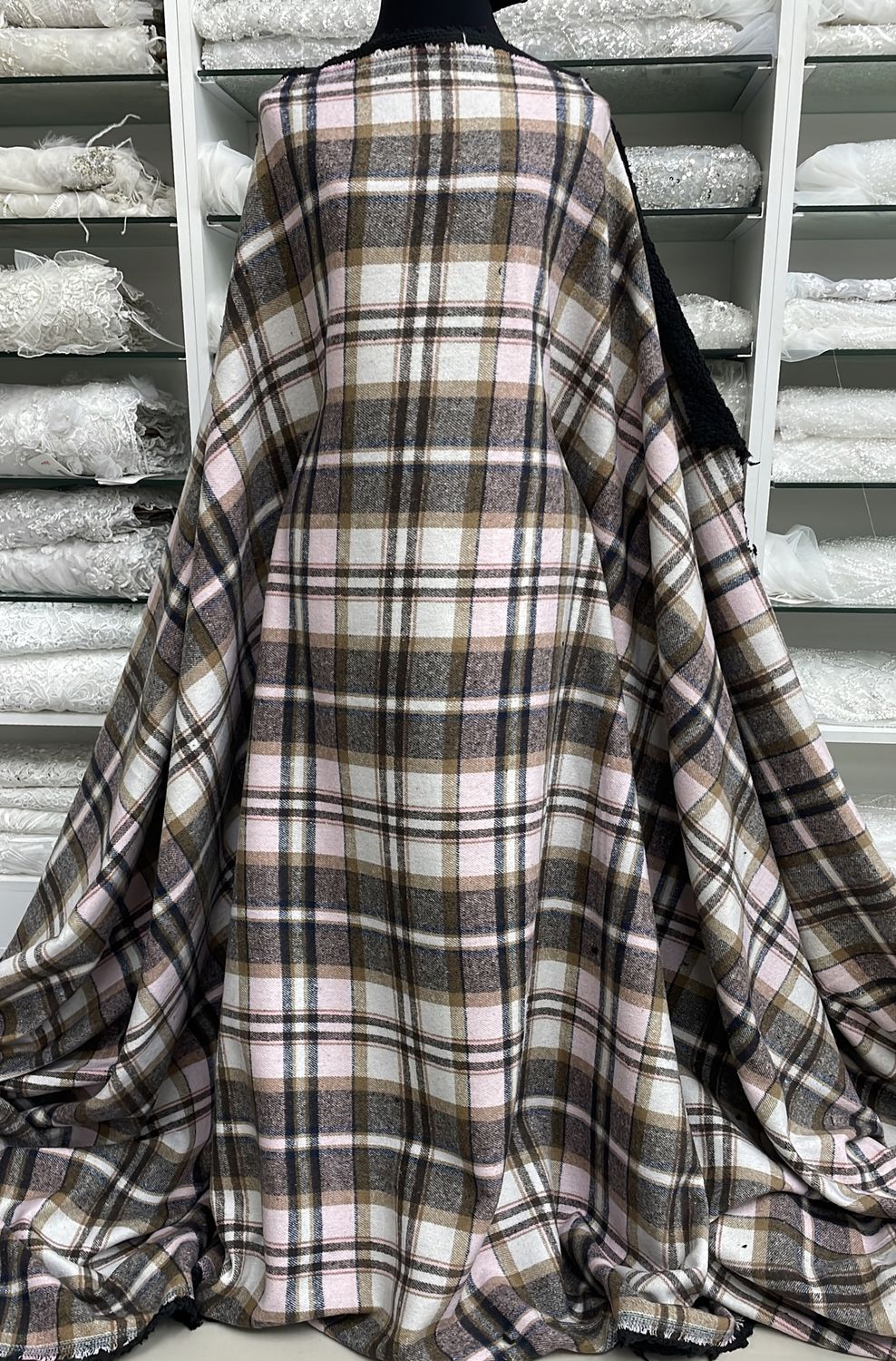 Wool Check Bonded Sherpa-per m-150-05-Pink Brown