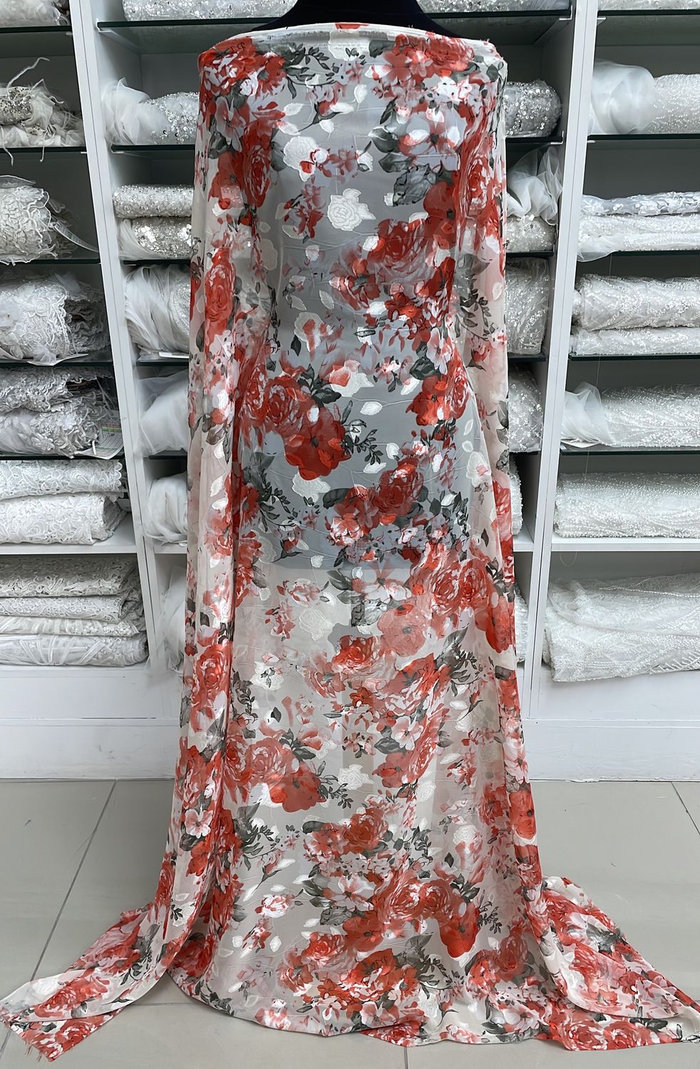 [ 20924 ] Chiffon Devoree Printed/150/5g/Red per Meter
