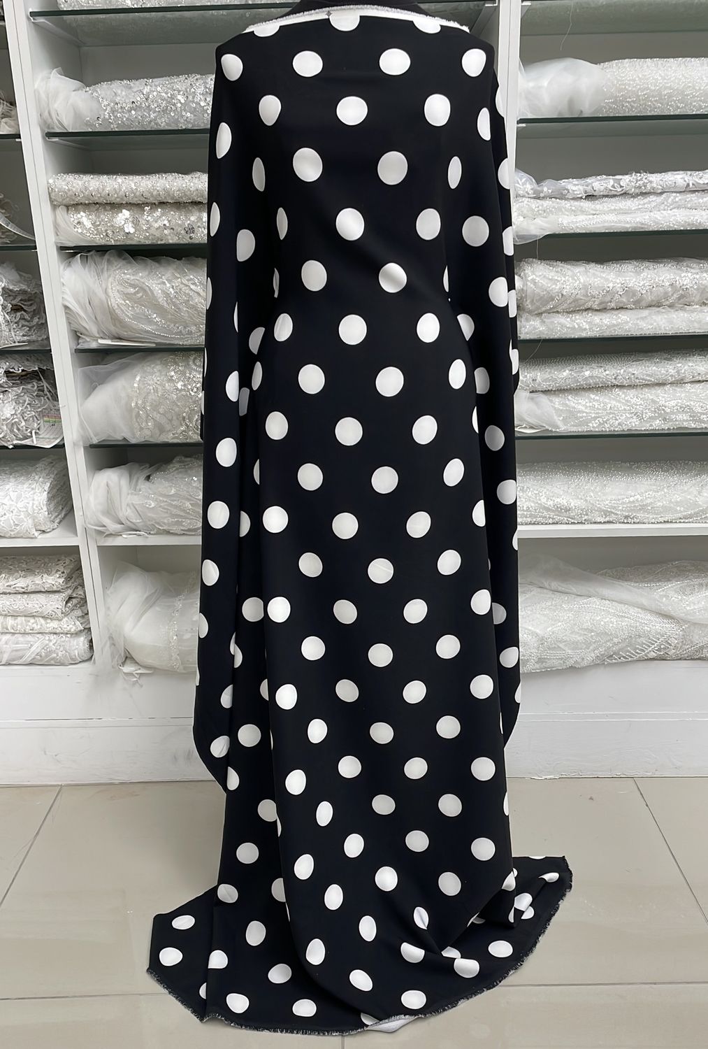 [ 23649 ] Stretch Crepe Barbie Print-150-White Black Polka-2 per Meter