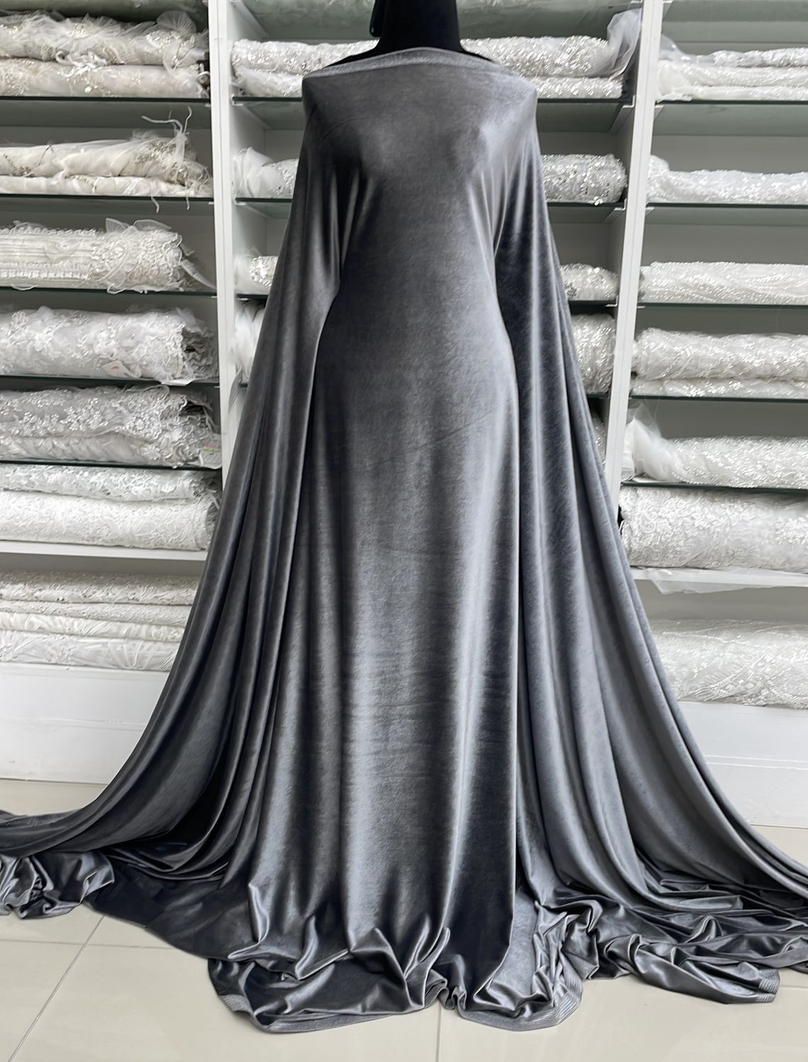 [ 19266 ] Velvet Stretch Plain Dyed/160cm/5g/GREY per Meter
