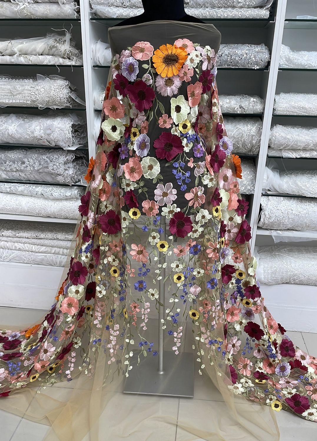 Dress Fabric Tulle Embroidery-per m-150-04-Nude