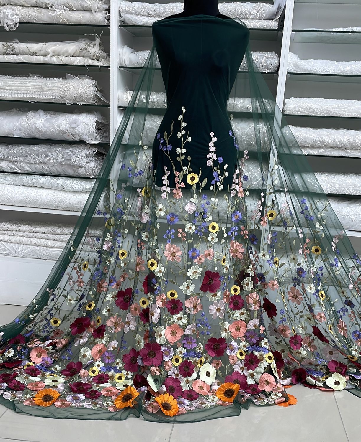 Dress Fabric Tulle Embroidery-per m-150-03-Bottle Green