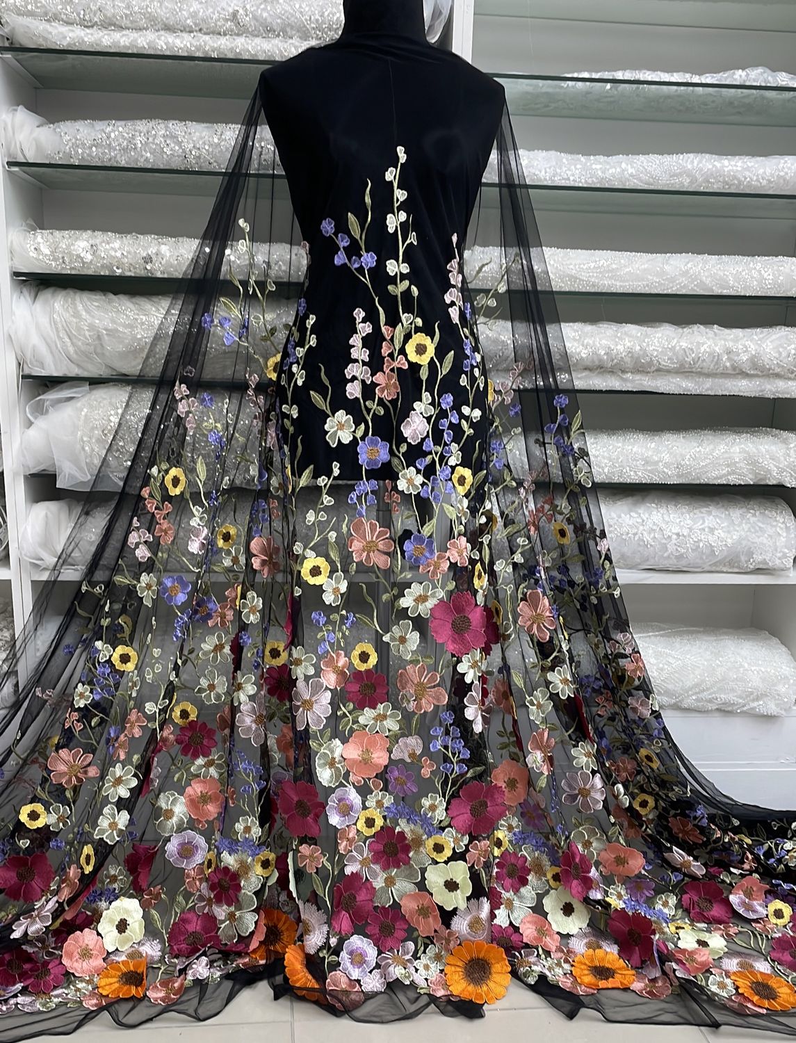 Dress Fabric Tulle Embroidery-per m-150-05-Black Pink