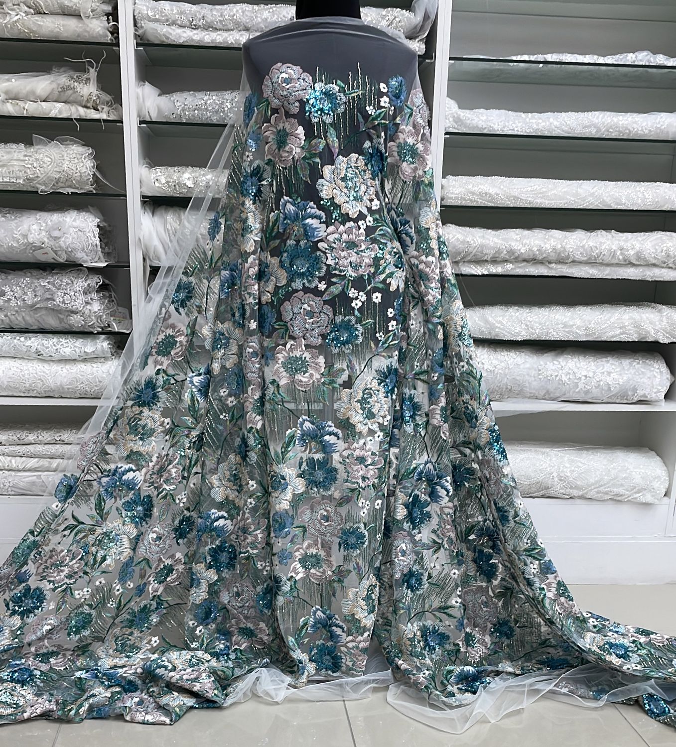 Dress Fabric Tulle Embroidery-per m-137-05-Green Teal