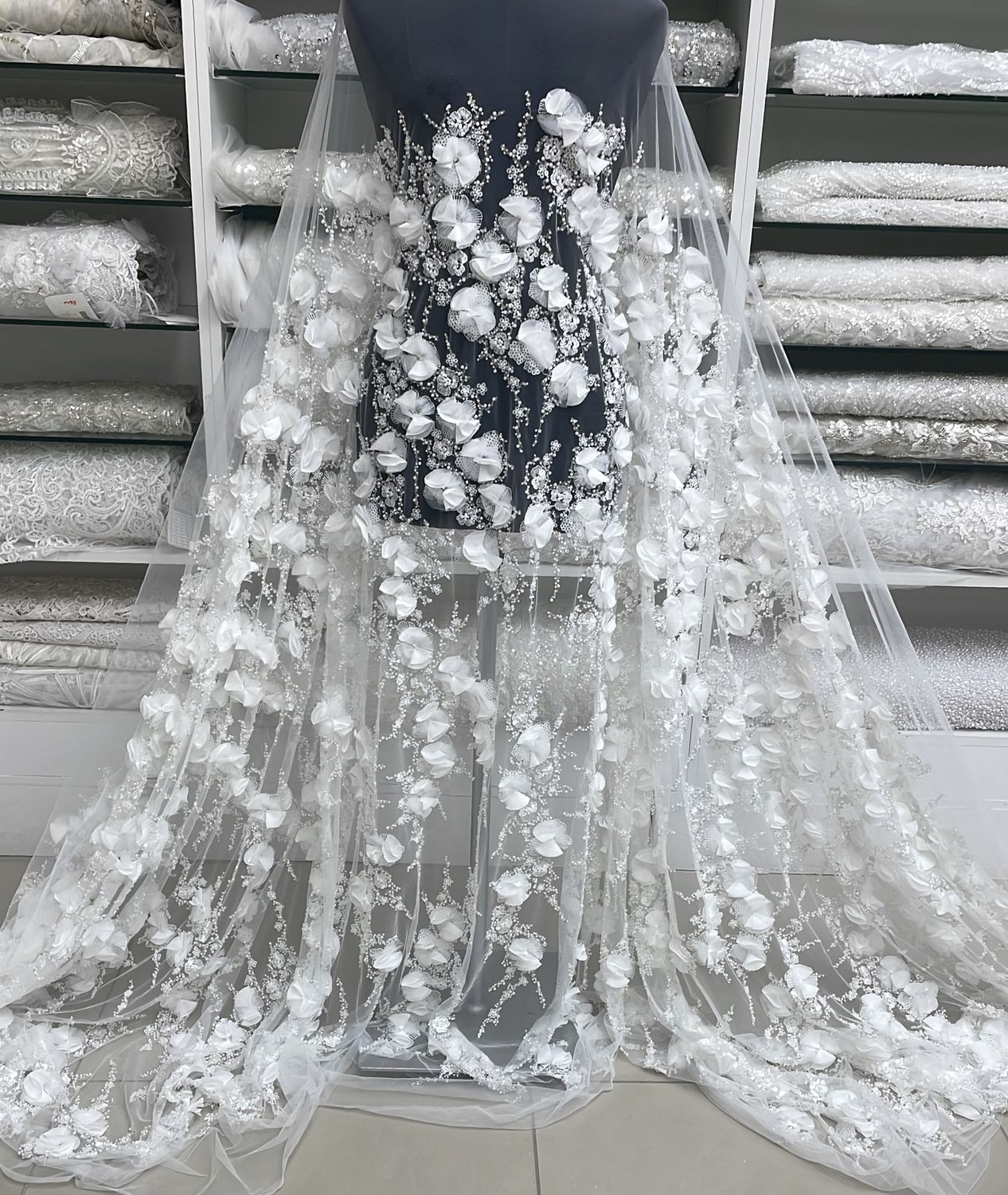 Wedding Dress Fabric Tulle Emb Beaded Applique-per m-137-11B-White