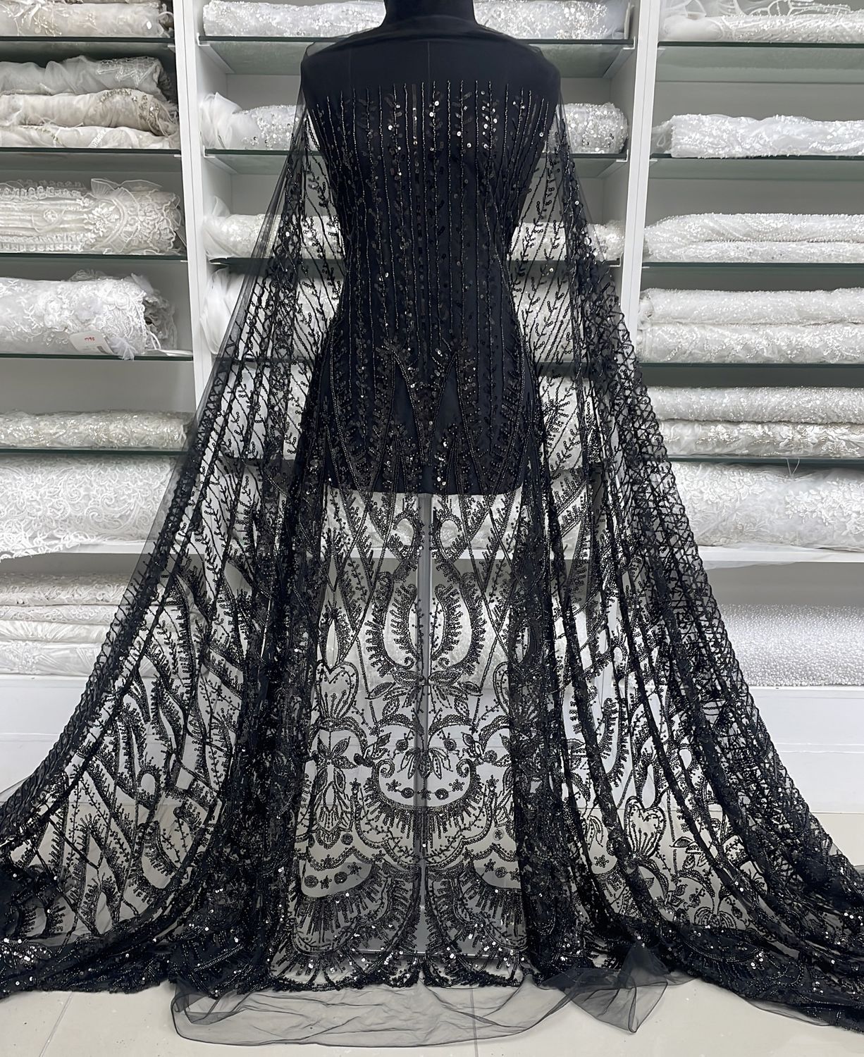 Dress Fabric Tulle Emb Beaded-per m-137-99-Black