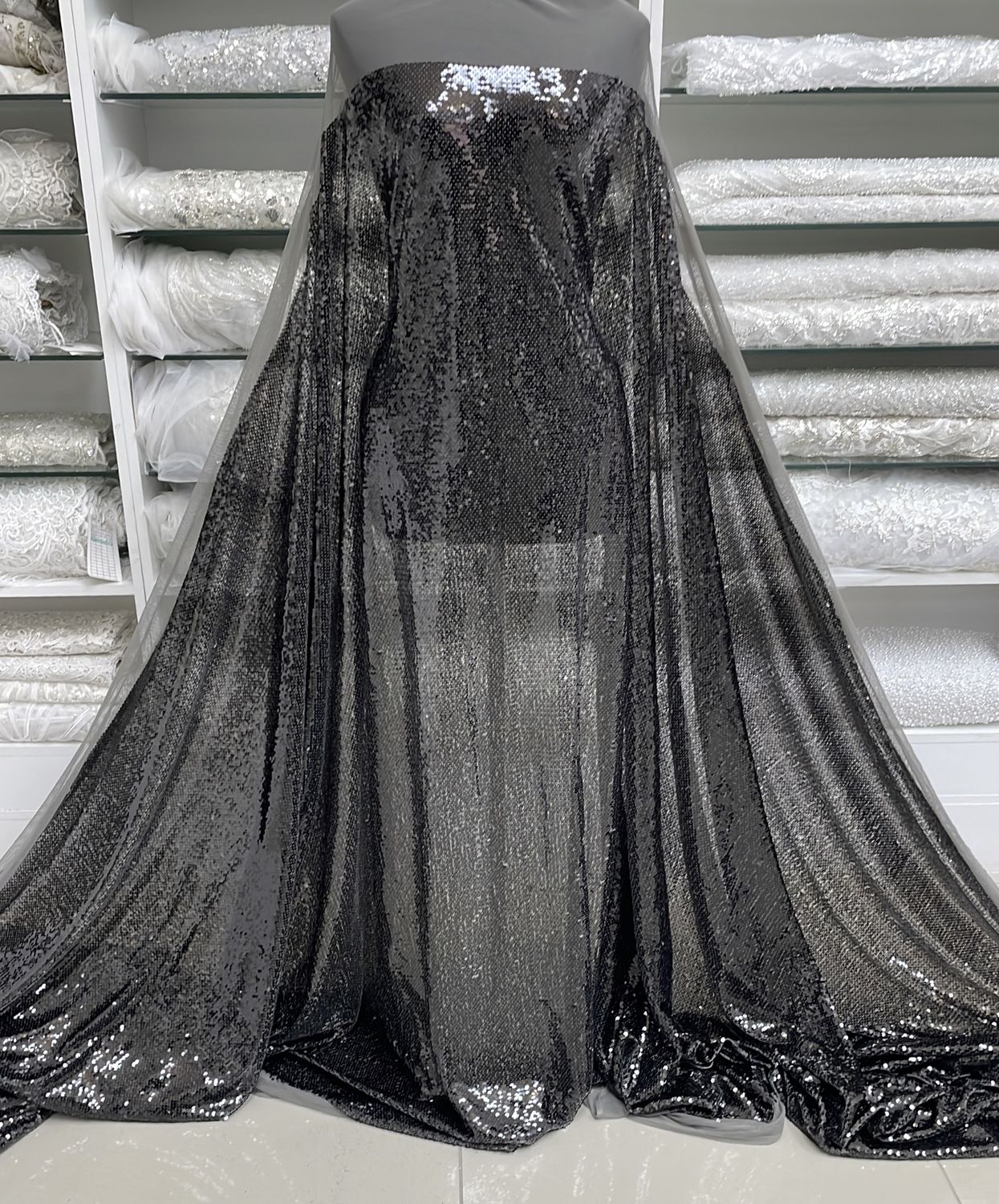 Sequins Dress Fabric Tulle Sequin-per m-137-14-Black
