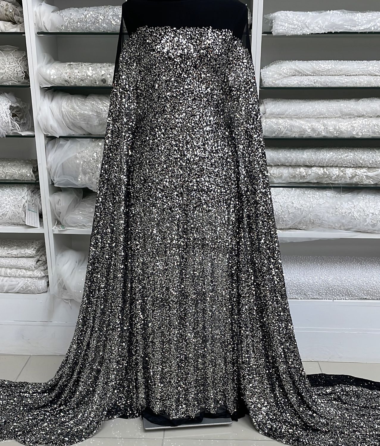Sequins Dress Fabric Mesh Sequins-per m-37-13-Black Silver