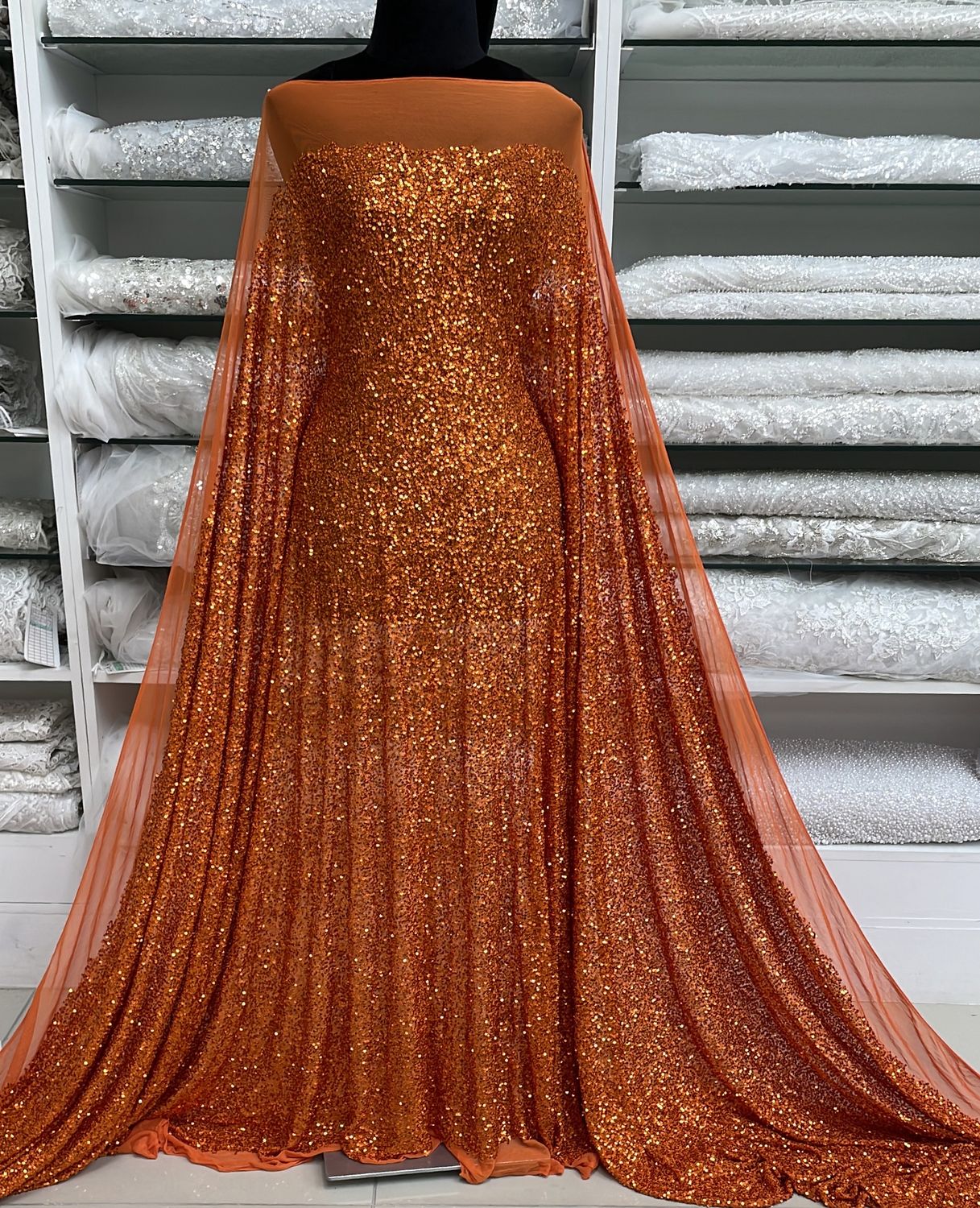 Sequins Dress Fabric Mesh Sequins-per m-137-17-Rust Orange