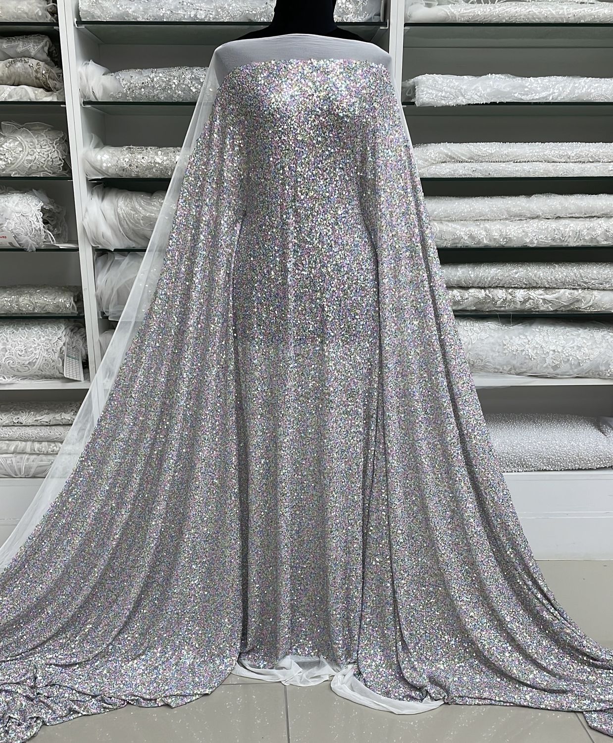 Sequins Dress Fabric Mesh Sequins-per m-137-11-White Multi Col
