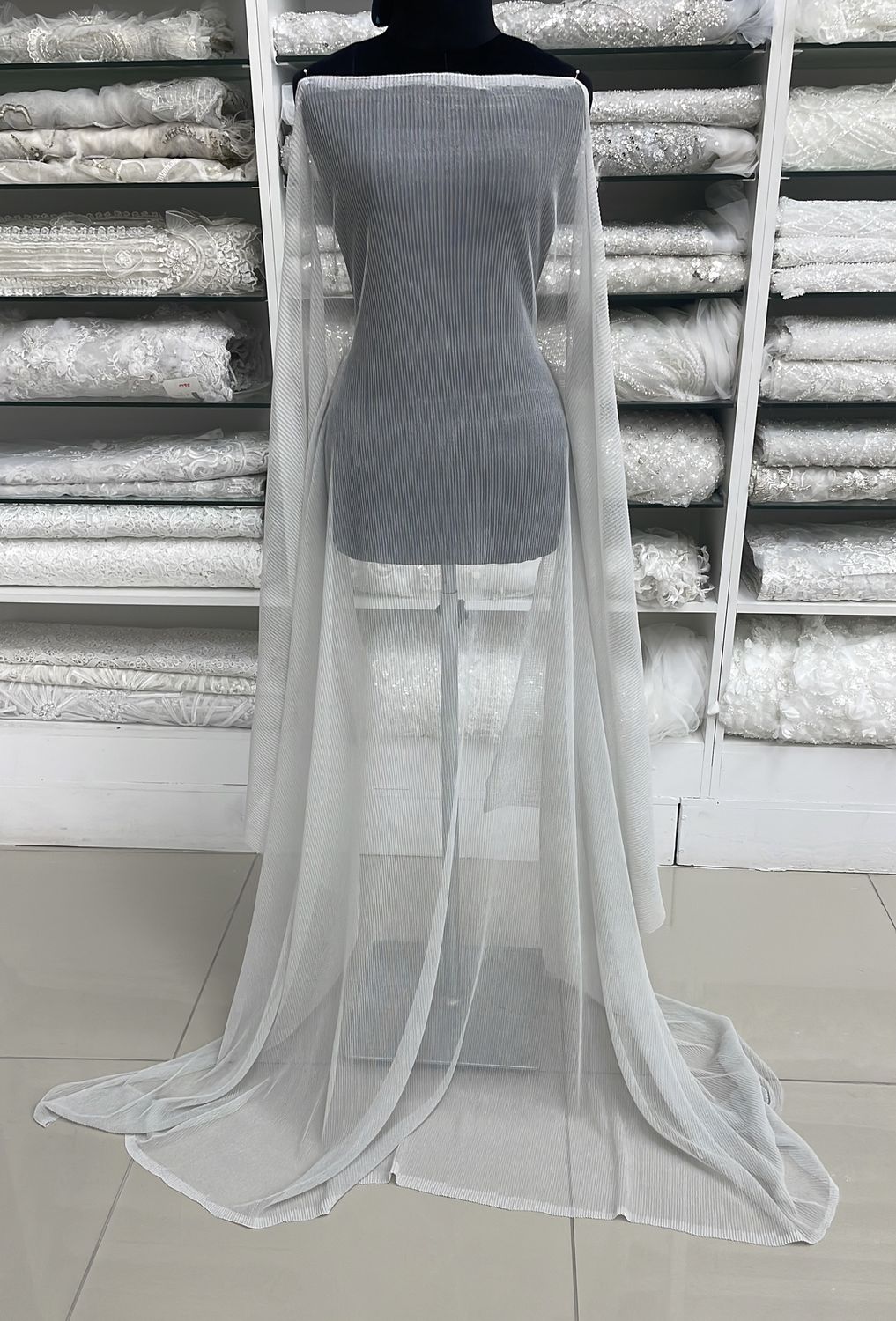 [ STP-MS-2527-5 ] Soft Tulle Pleated 150w Lunar Rock per Meter