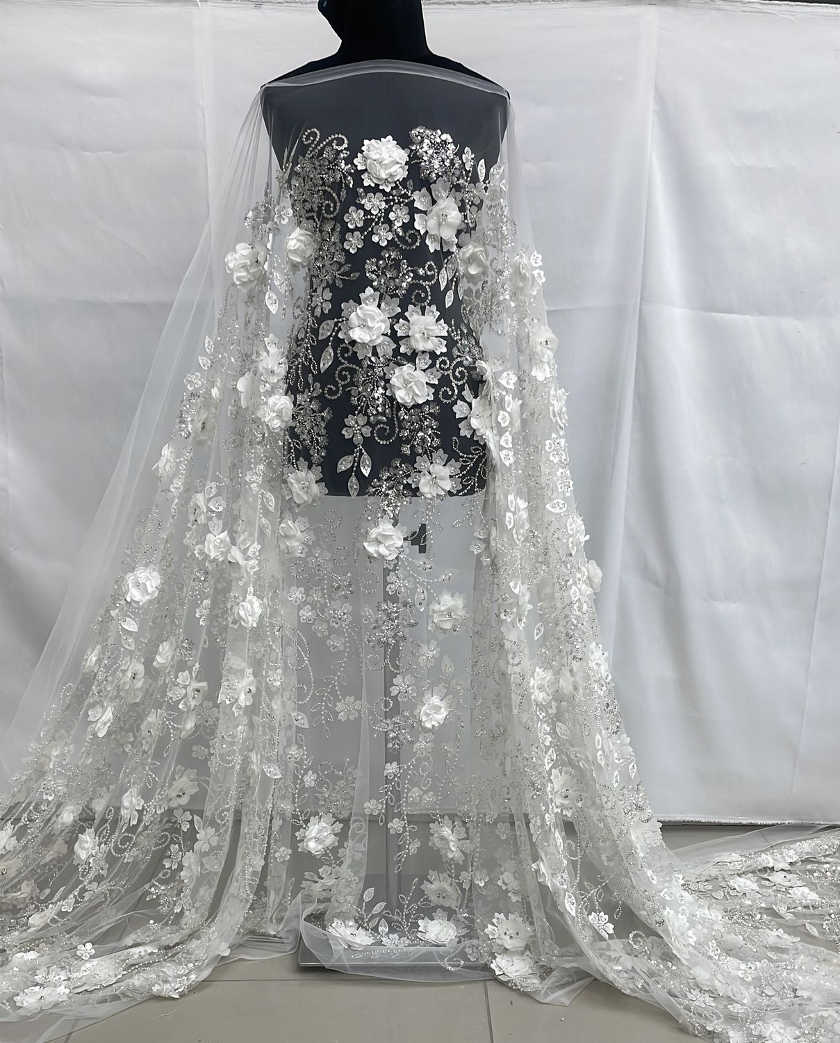 Wedding Dress Fabric Tulle Emb Beaded Applique LazerCut-per m-137-01-White