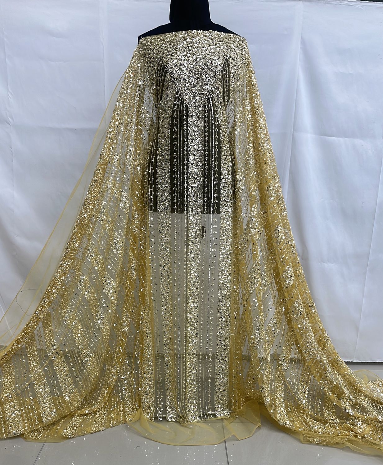 Dress Fabric Tulle Emb Beaded-per m-135-06-Old Gold