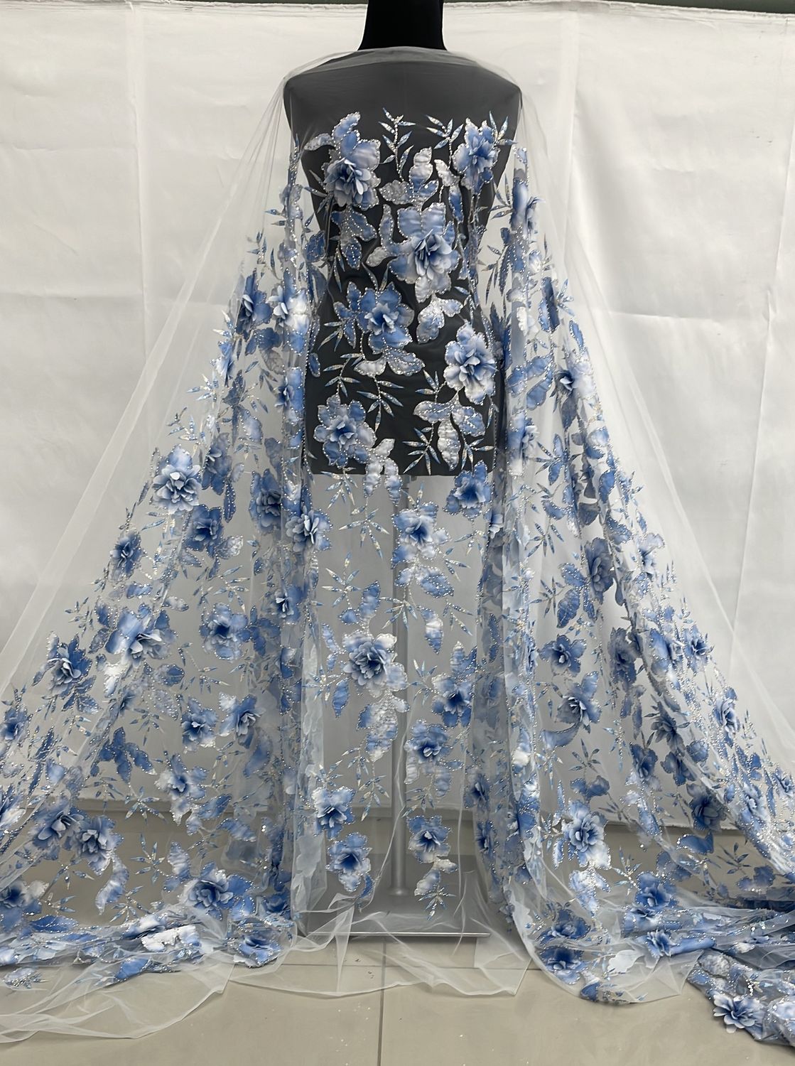 Dress Fabric Dress Fabric Tulle Emb Beaded Applique-per m-137-07-Blue