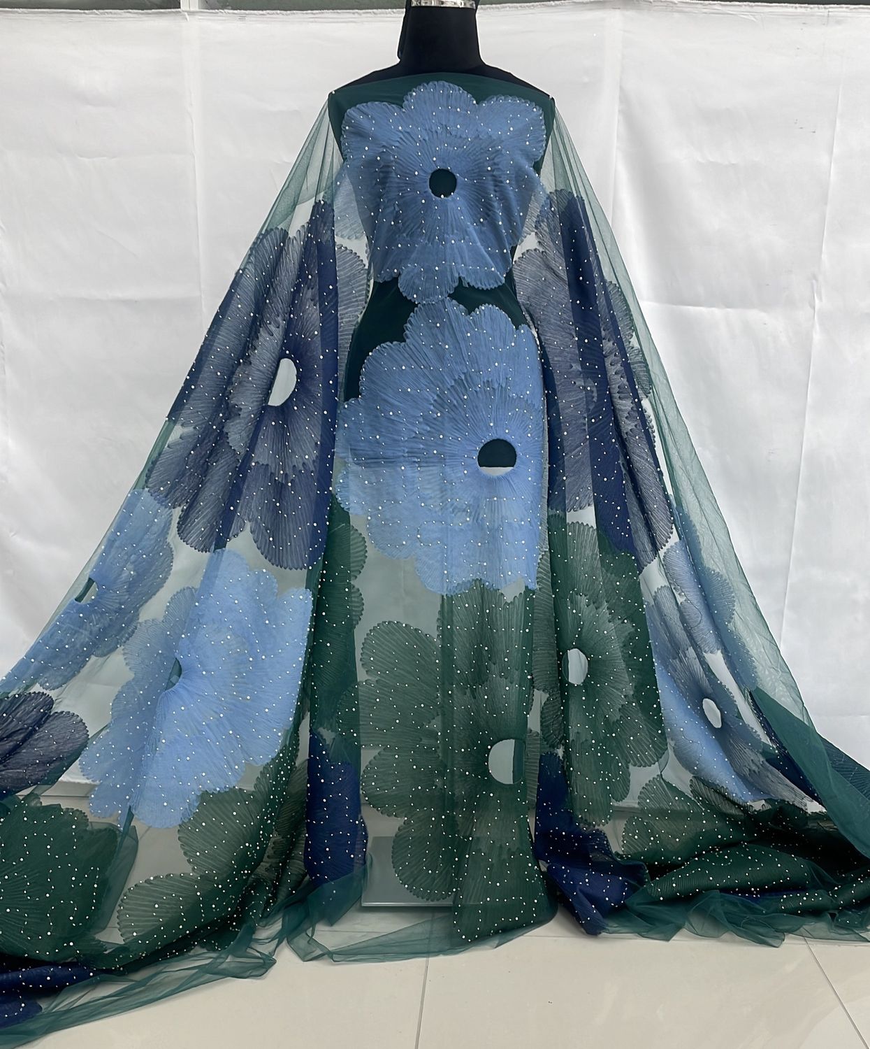 Dress Fabric Tulle Emb Beaded Applique-per m-137-L3-Green