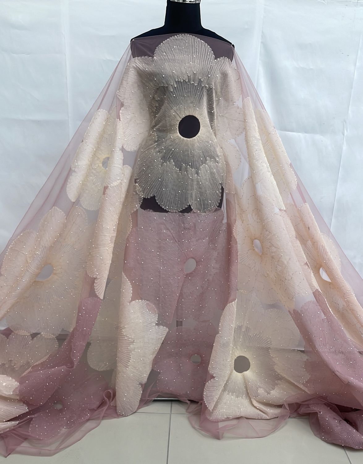 Dress Fabric Tulle Emb Beaded Applique-per m-137-L2-Pink