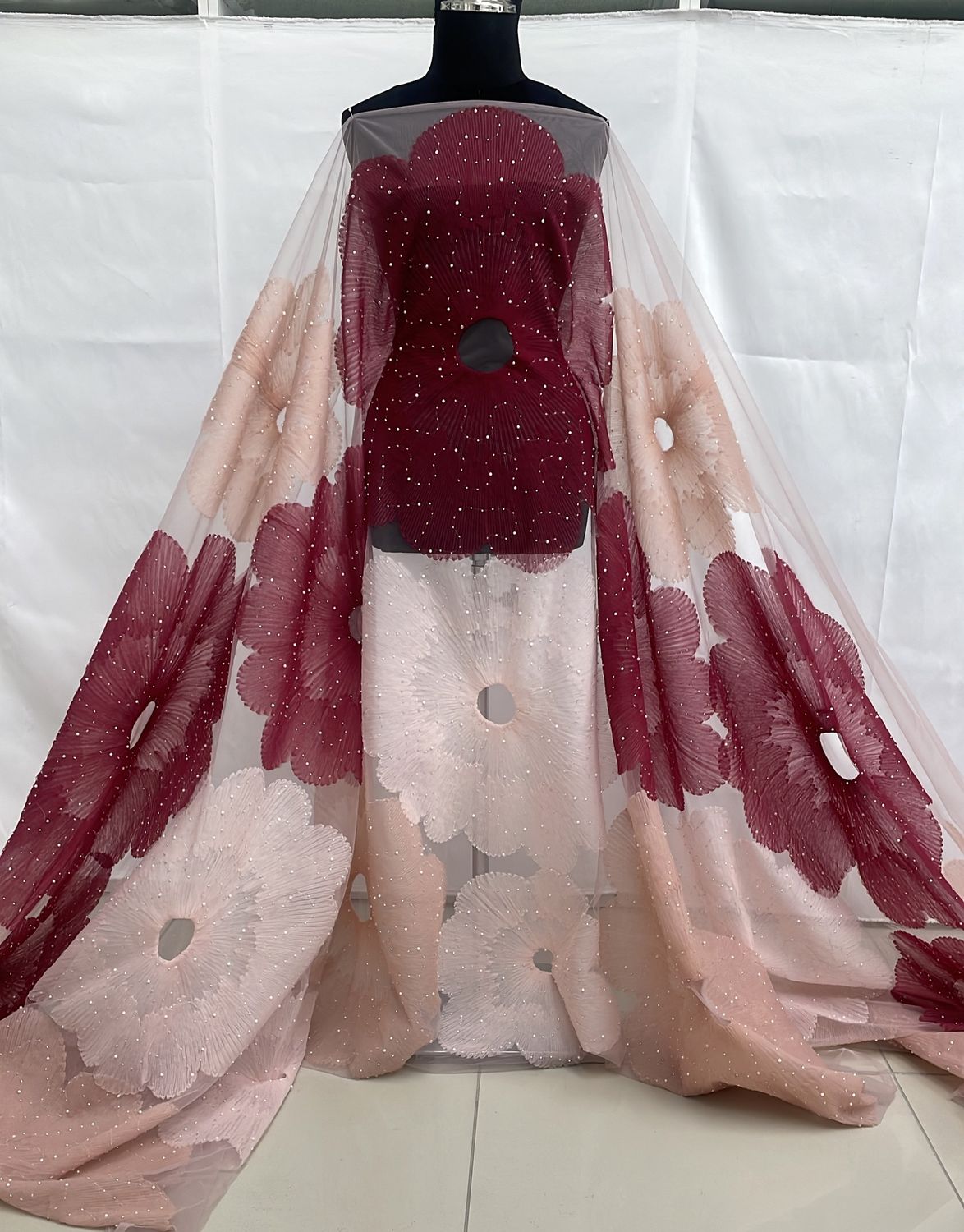 Dress Fabric Tulle Emb Beaded Applique-per m-137-L1-Red