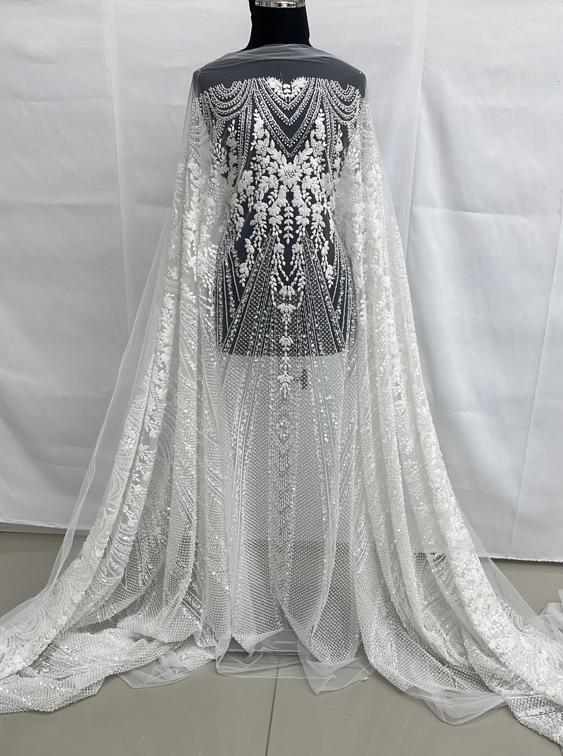 Wedding Dress Fabric Tulle Emb Beaded-per m-137-B06-White