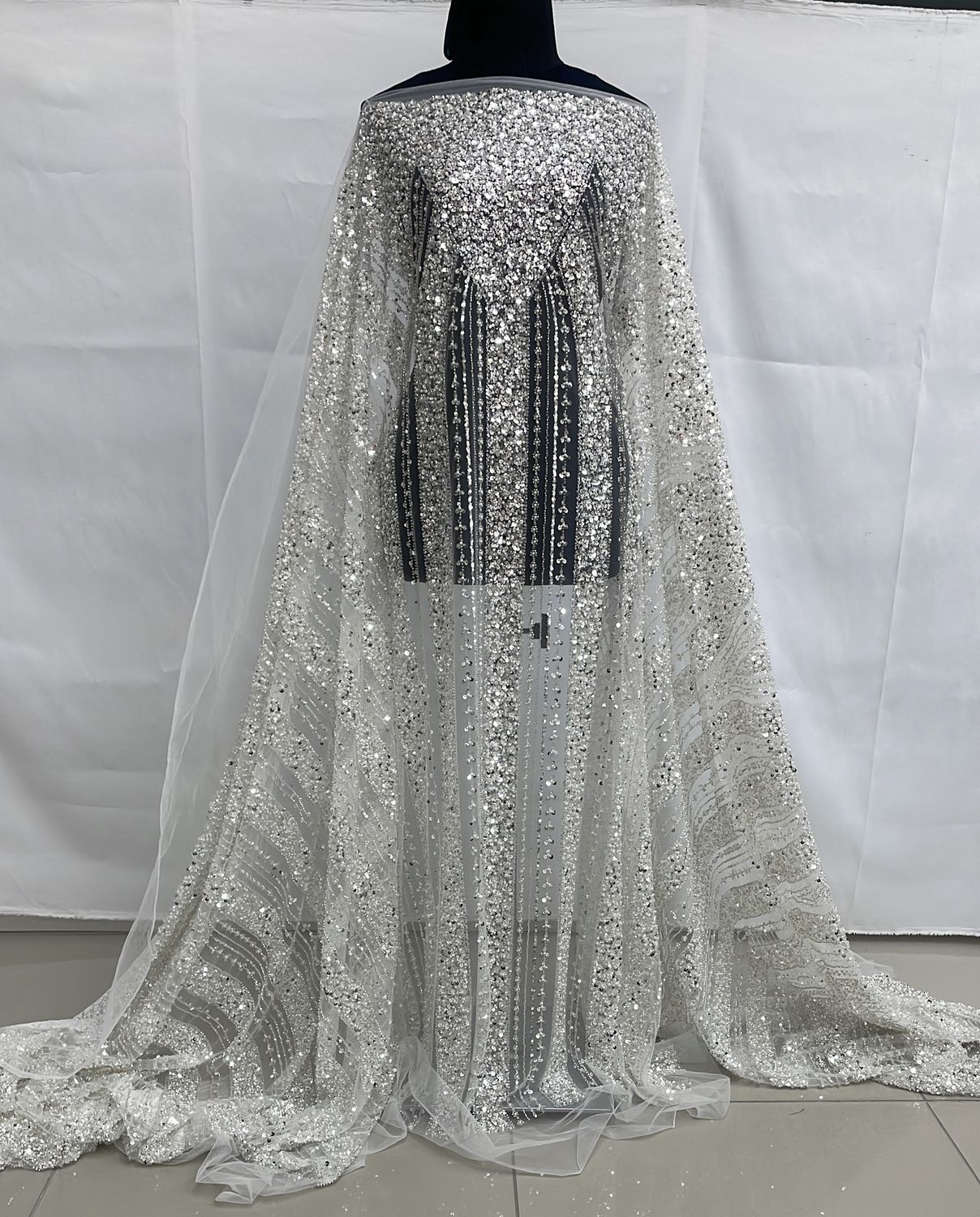 Wedding Dress Fabric Tulle Emb Beaded-per m-135-01-White