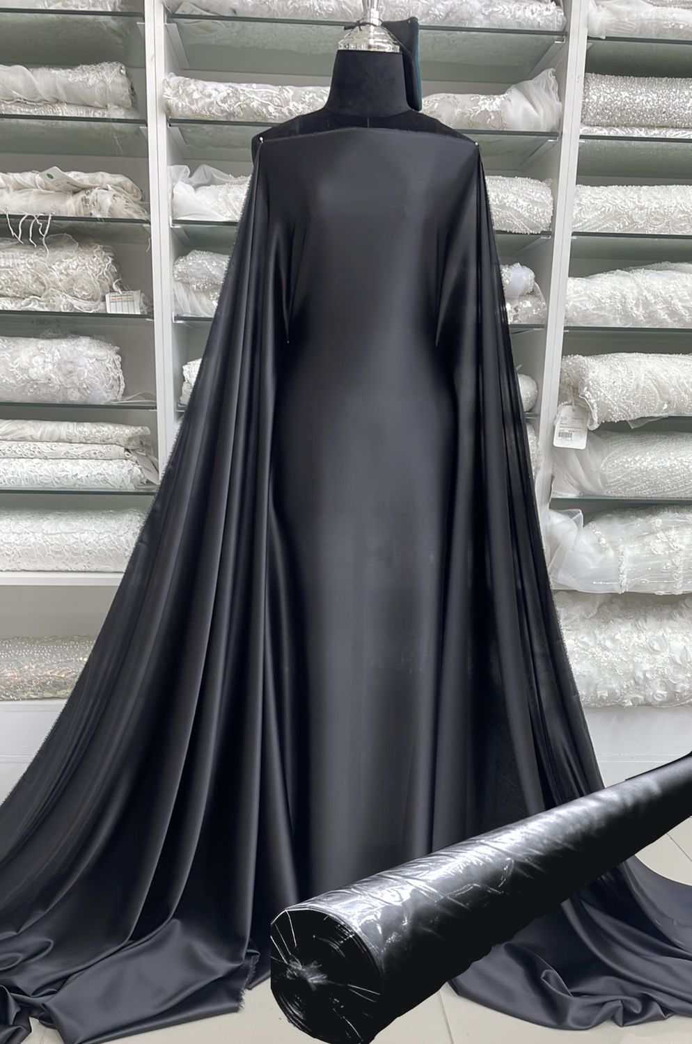 Silk Satin Stretch 22m Roll of Fabric - Black