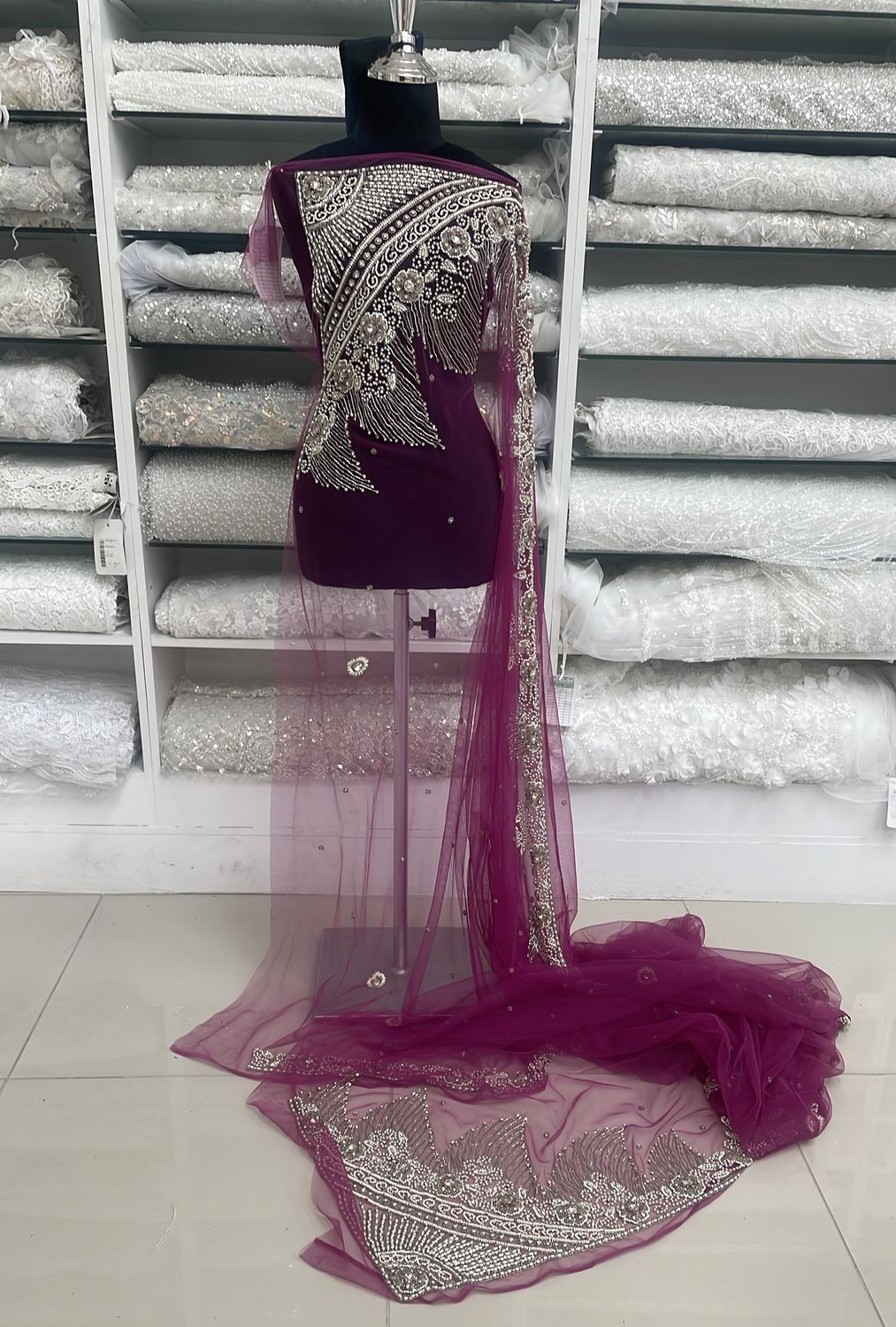 [ TUBMP-ME0514-18 ] TulleBeadedMaroccanPiece-Cerise per Meter
