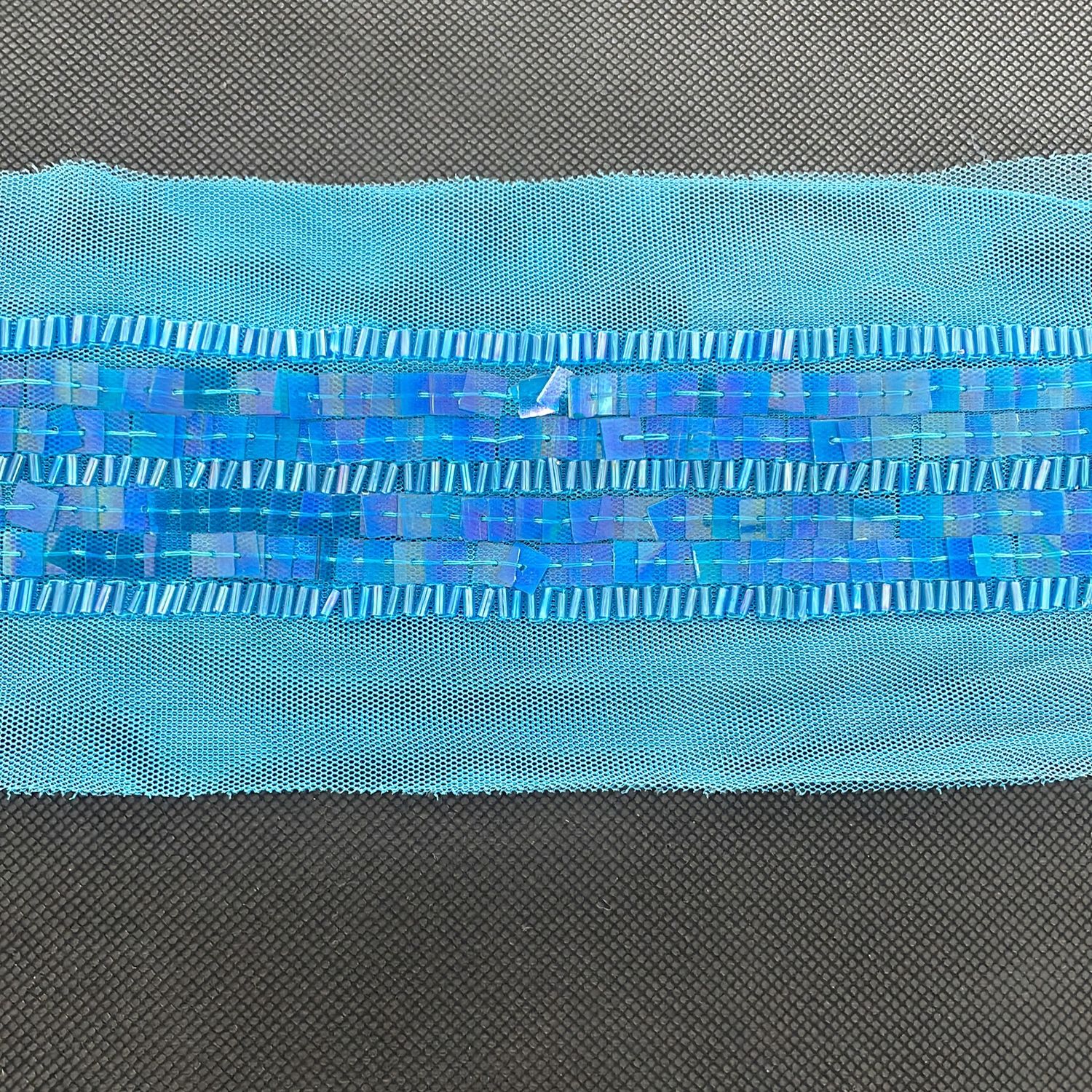 [ BR-ETO-21301-TQ ] Braid Tulle 5cm- Seq+Bugles- Turq per Meter