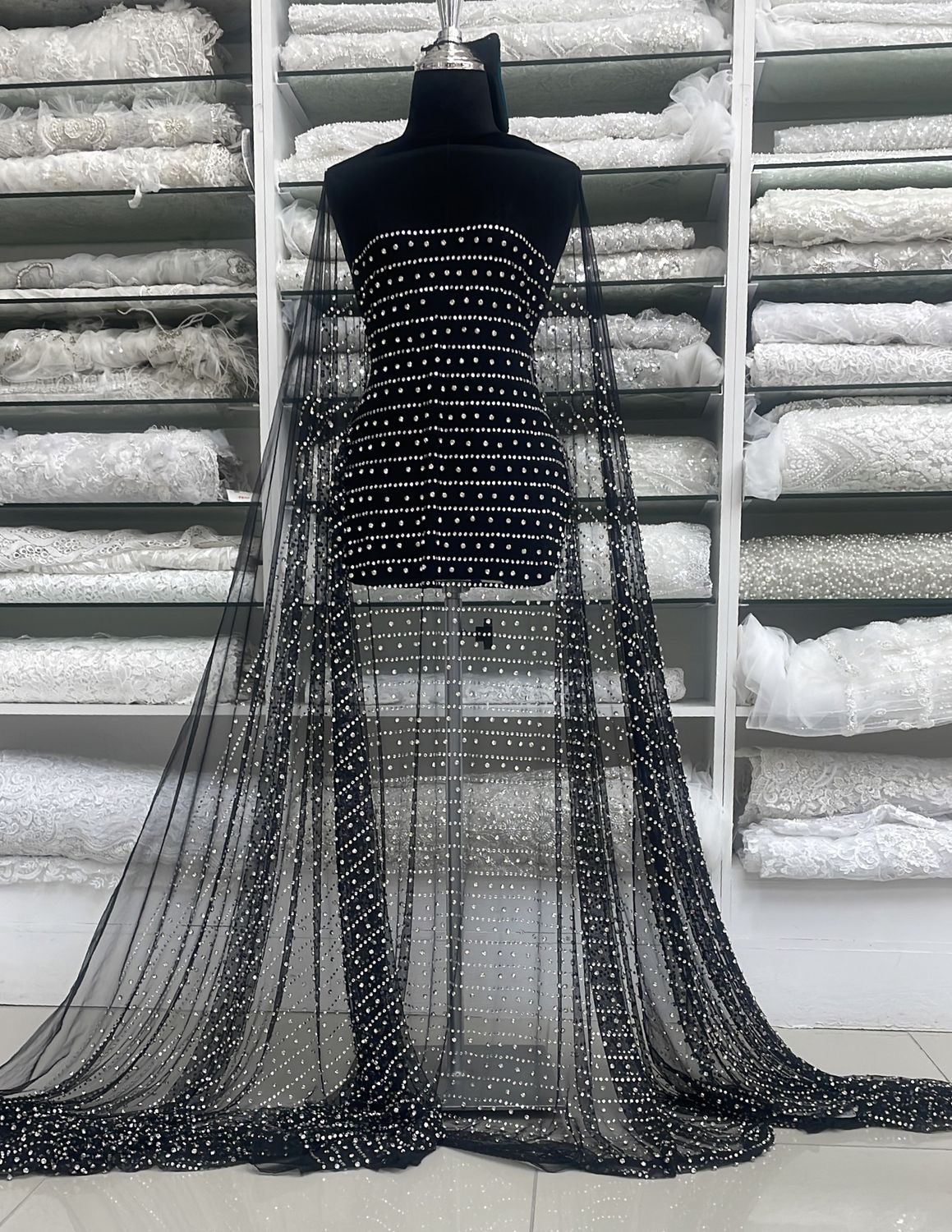 [ 25083 ] Tulle with Diamante-KQ-DSN#4-137-Black Silver-01 per Meter