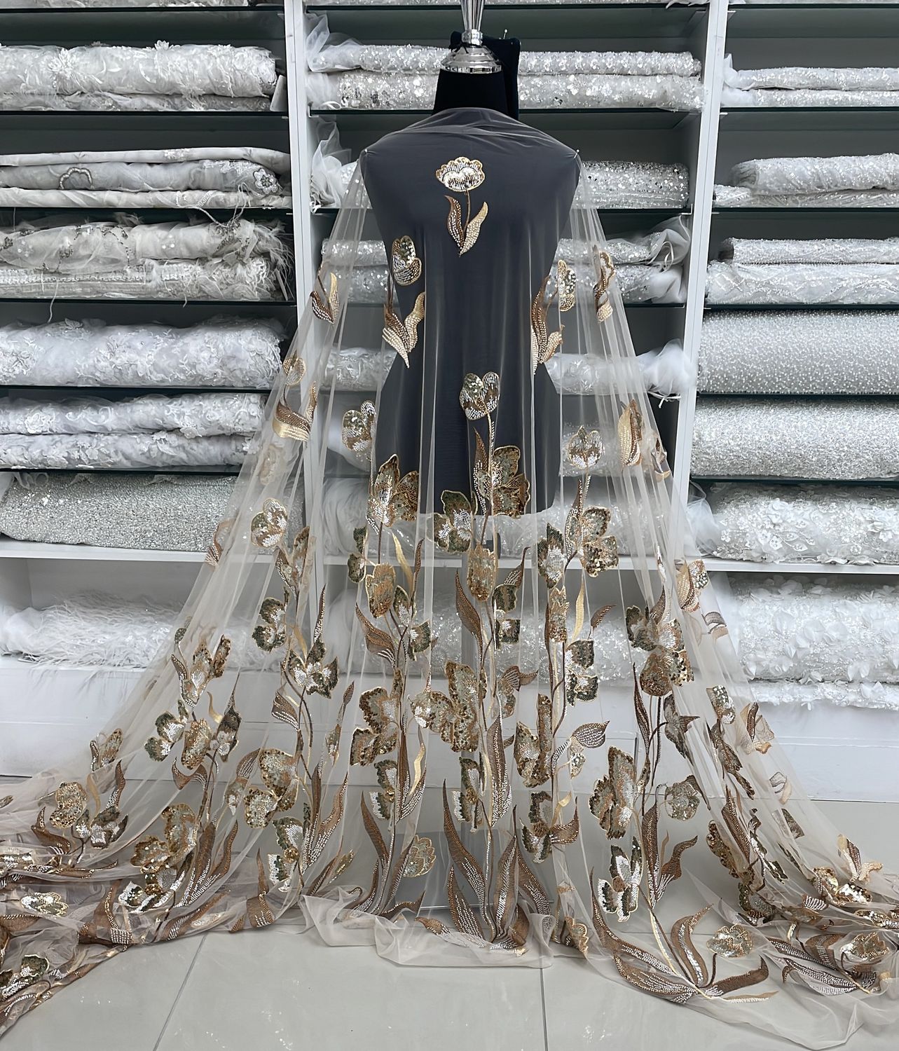 Dress Fabric Tulle Emb Beaded-per m-137-05-Nude Taupe