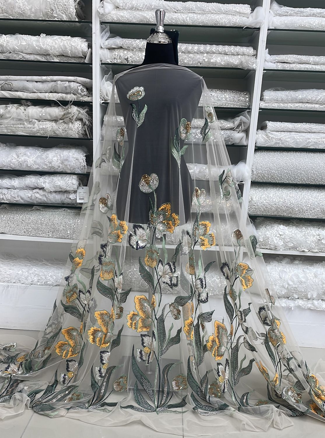Dress Fabric Tulle Emb Beaded-per m-137-04-Nude Mint