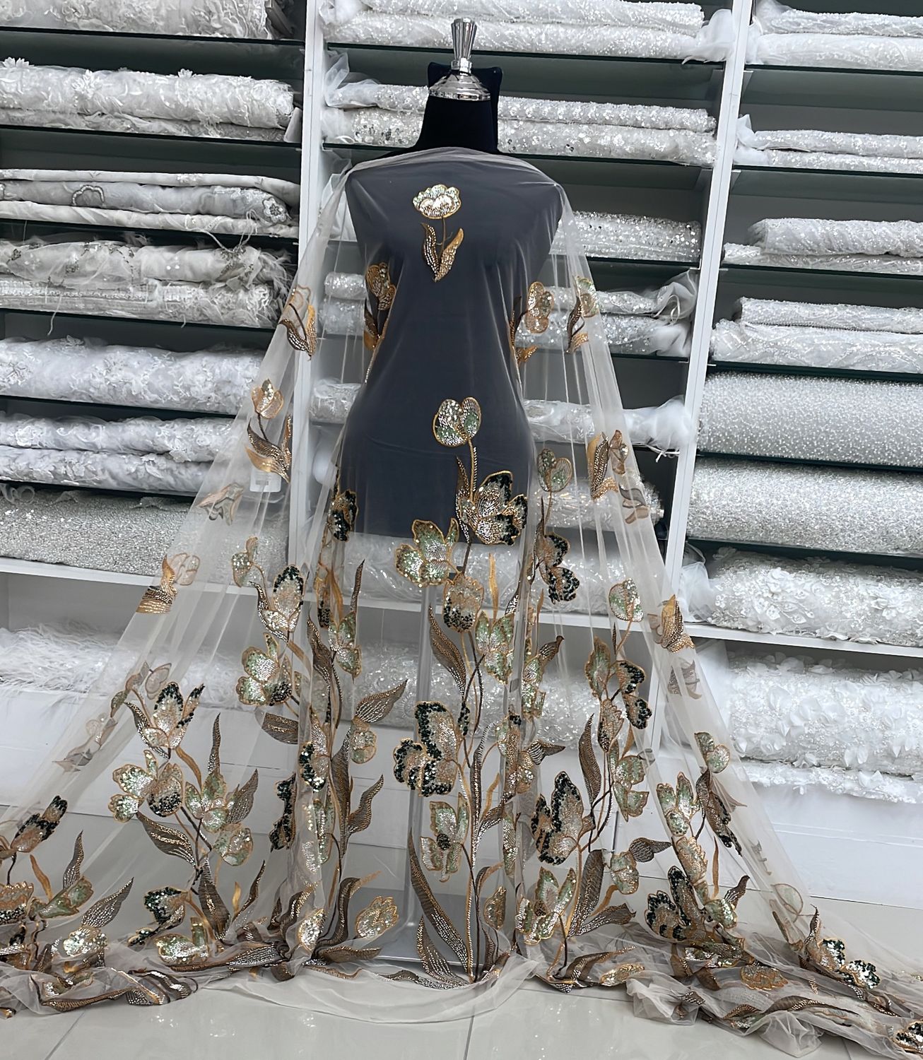 Dress Fabric Tulle Emb Beaded-per m-137-07-Nude Brown