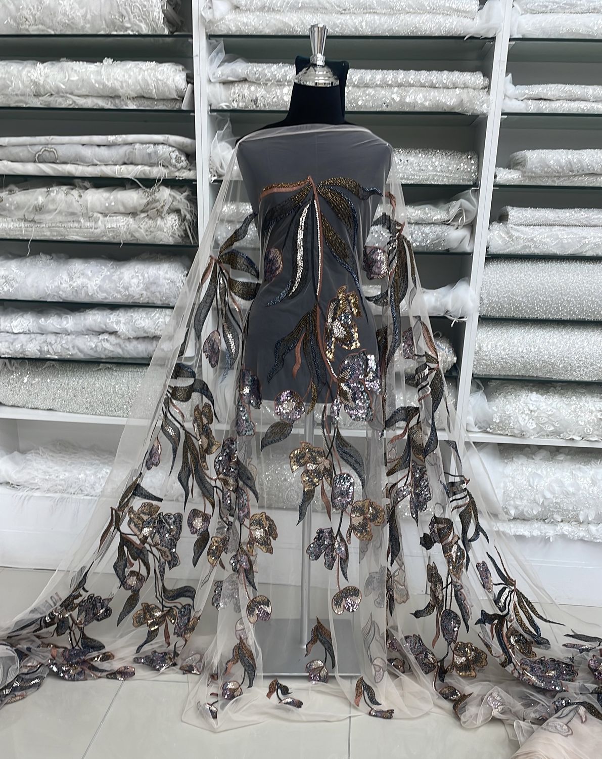 Dress Fabric Tulle Emb Beaded-per m-137-02-Nude Black