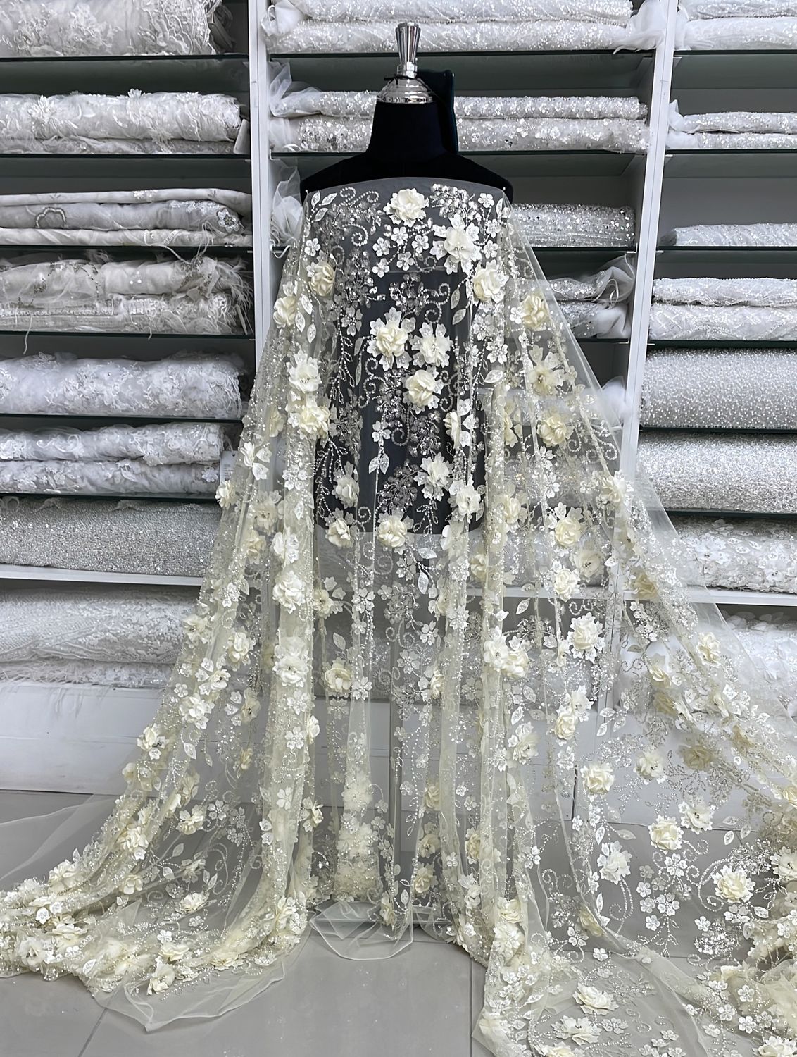 Dress Fabric Tulle Emb Beaded Applique LazerCut-per m-137-02-Cream
