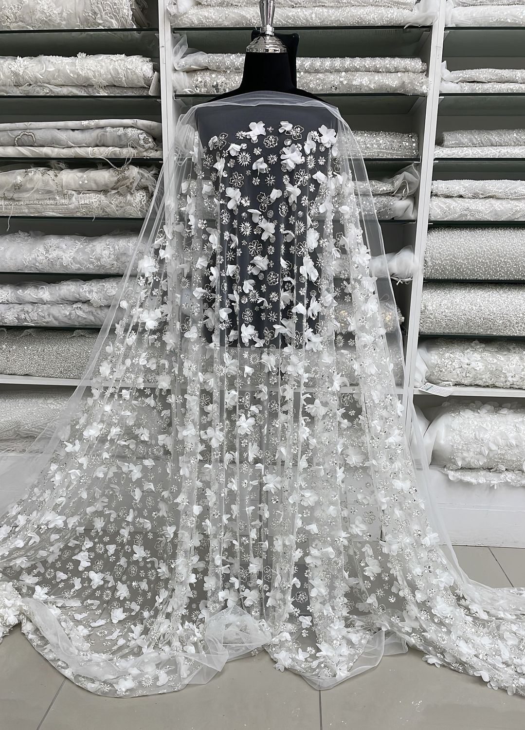 Wedding Dress Fabric Tulle Emb Beaded Applique-per m-137-01-White Silver