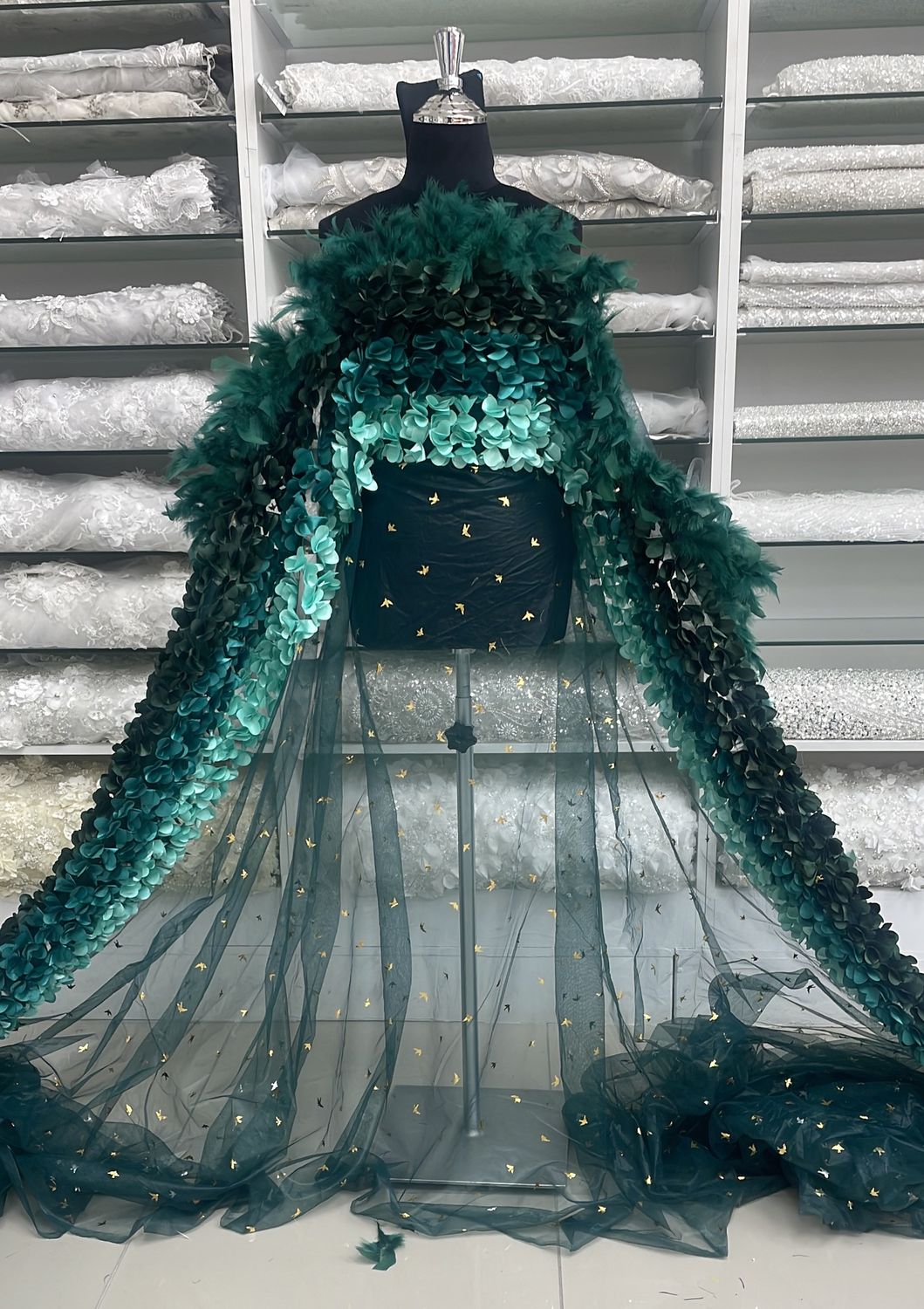 Dress Fabric Tulle Emb Applique Feathers-per m-150-06-Forest Green