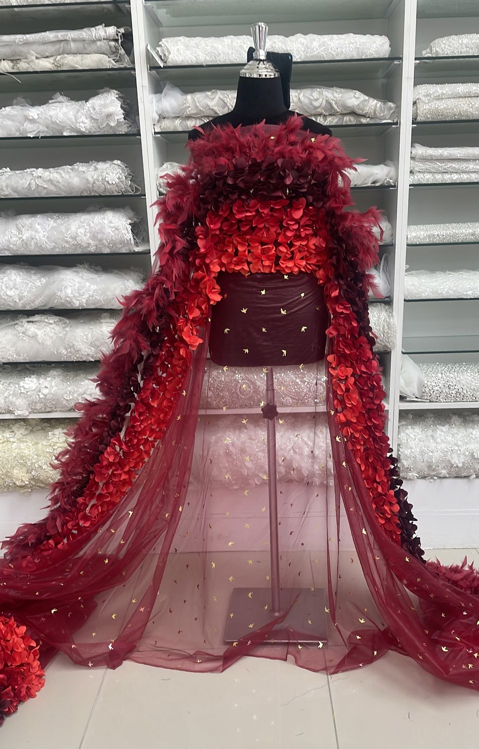 Dress Fabric Tulle Emb Applique Feathers-per m-150-04-Red