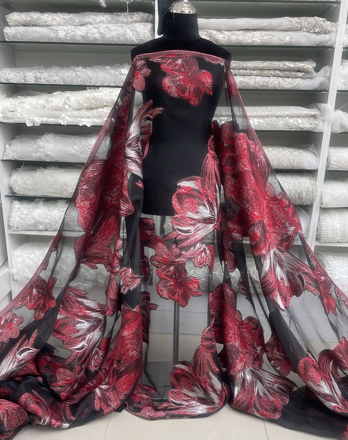 Dress Fabric Organza Jacquard Burnout-per m-137-02-Red