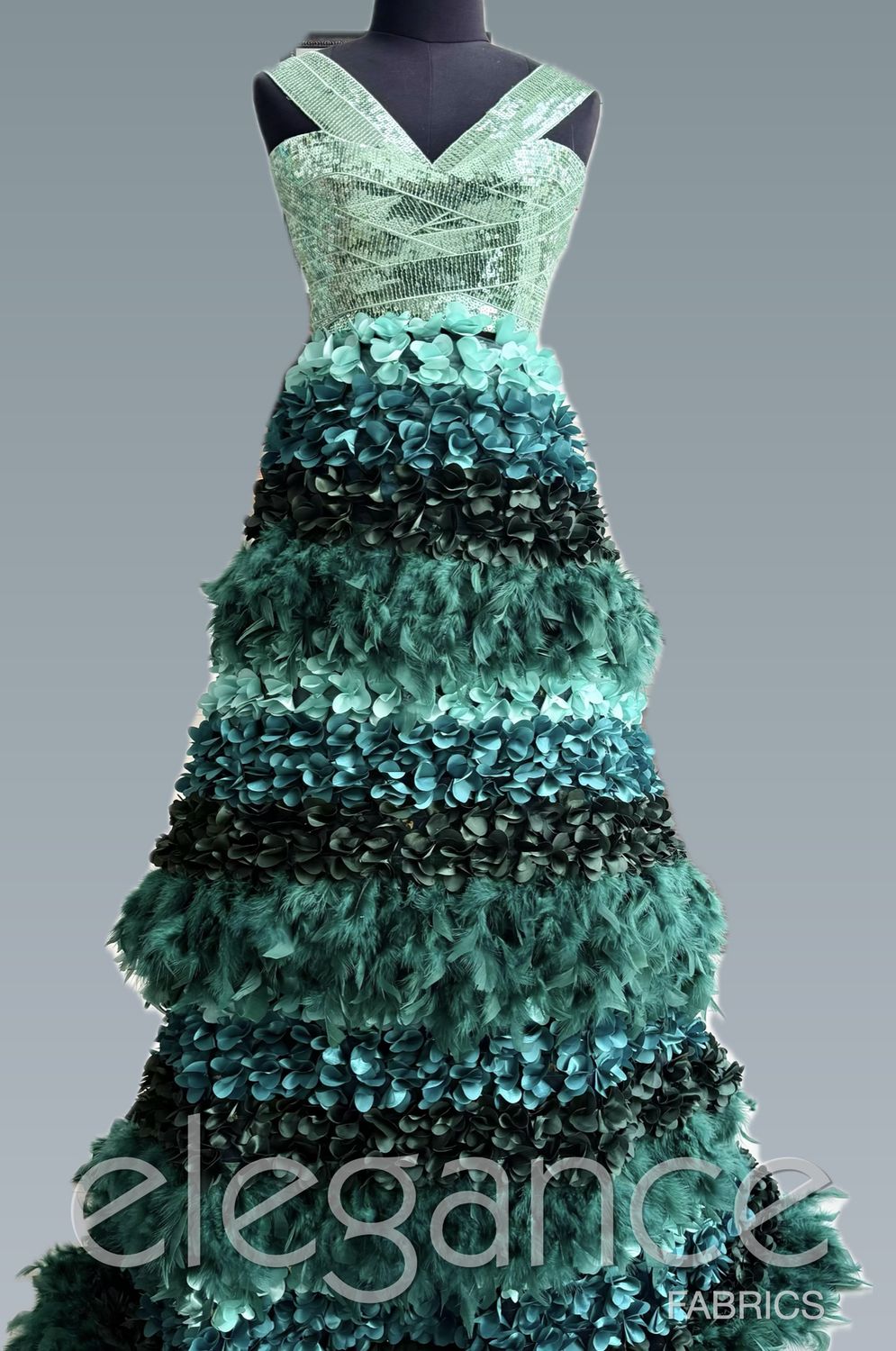 Dress Fabric Tulle Emb Applique Feathers-per m-150-06-Forest Green
