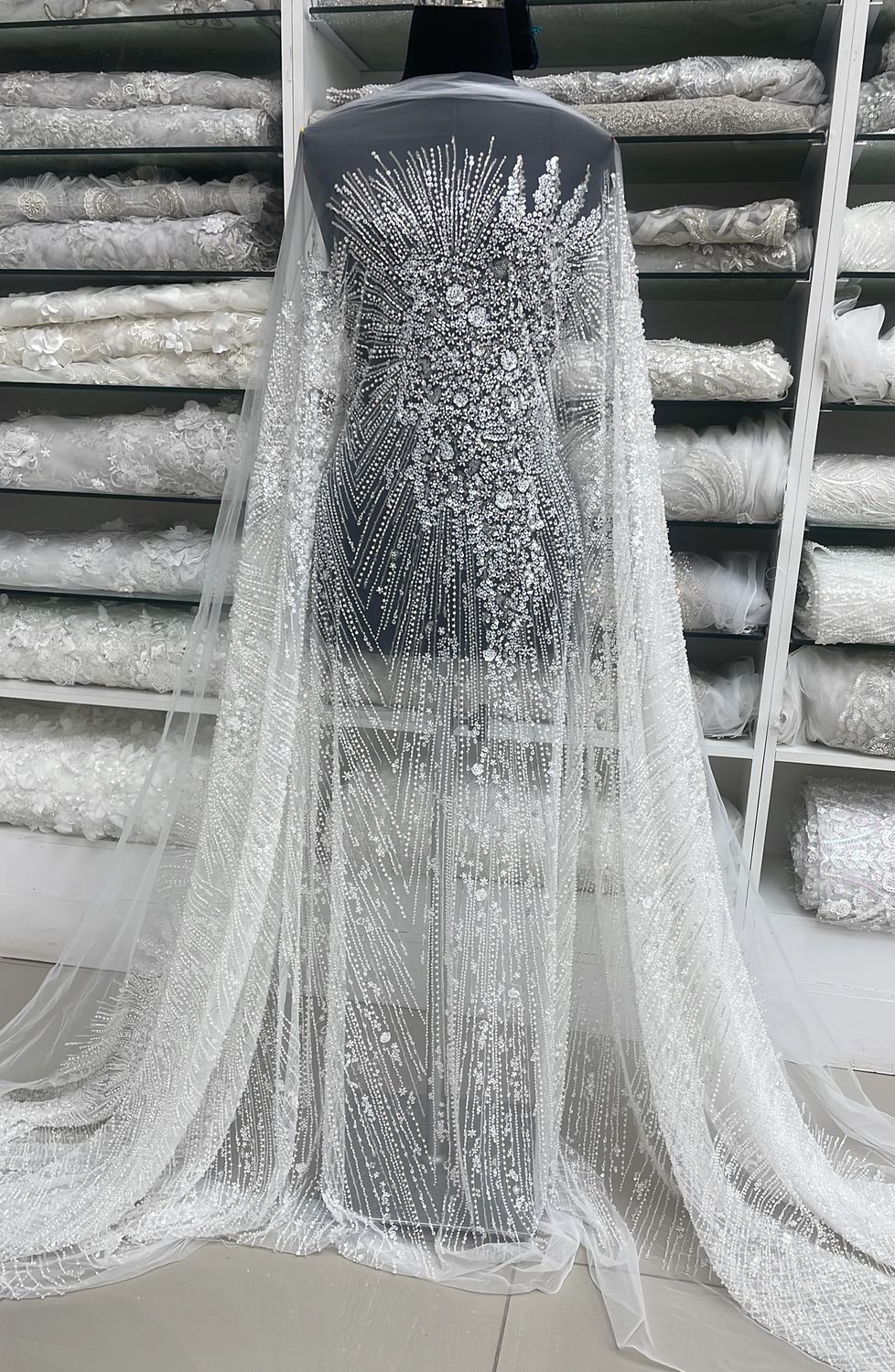 Wedding Dress Fabric Tulle Embroidery with Beads and Sequins-per m-137-07-Off White