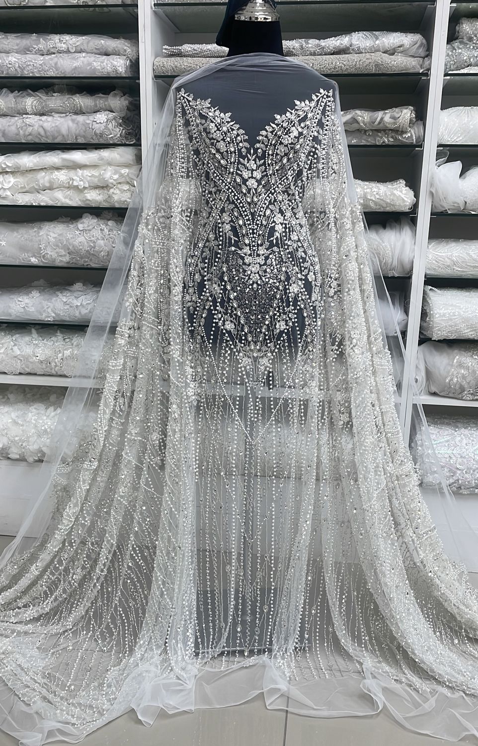 Wedding Dress Fabric Tulle Embroidery with Jewel Stones-per m-137-05-Silver