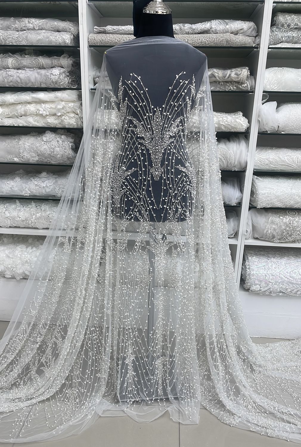 Wedding Dress Fabric Tulle Embroidery with Jewel Stones-per m-137-06-Silver