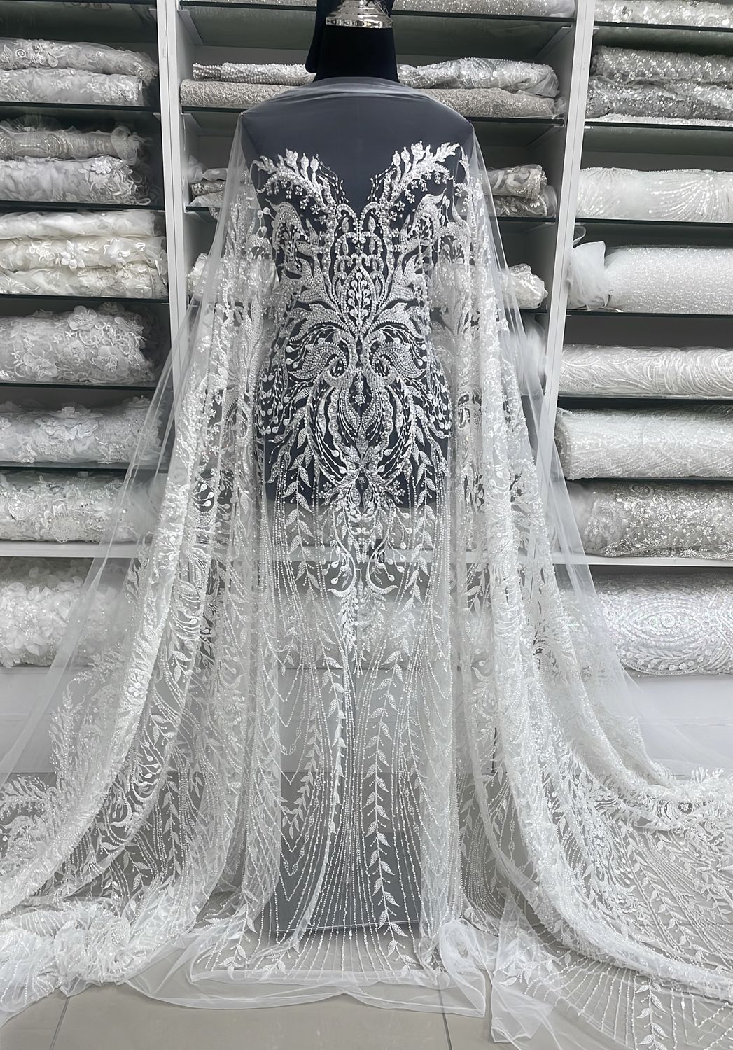 Wedding Dress Fabric Tulle Embroidery with Beads and Sequins-per m-137-02-Off White